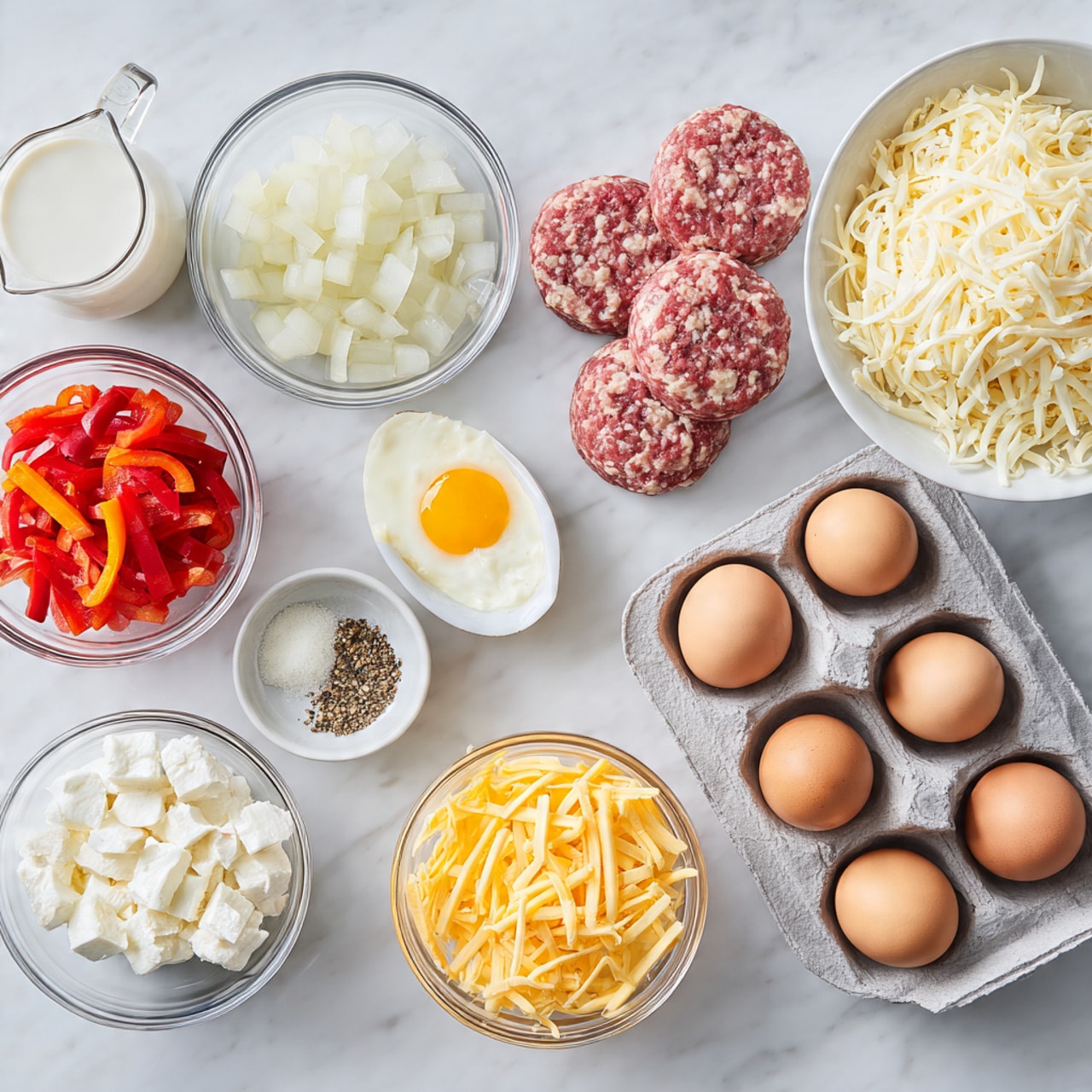The image shows a white marbled surface with several clear bowls and a white bowl arranged neatly. At the top right, a large clear bowl holds a heap of shredded white cheese. Below it to the right, a clear bowl contains raw sausage patties with pink and white marbled texture. To the far right, there is a gray cardboard egg carton holding seven brown eggs. On the left side, a clear bowl is divided evenly with diced white onion and diced red bell pepper. Below that is a small bowl with minced garlic, a small dish with black pepper, a small clear pitcher filled with milk, a clear bowl of white cottage cheese, and a white bowl filled with a smaller amount of shredded yellow cheese. Everything is laid out clearly and evenly spaced. Photo taken with an iphone --ar 4:5 --v 7