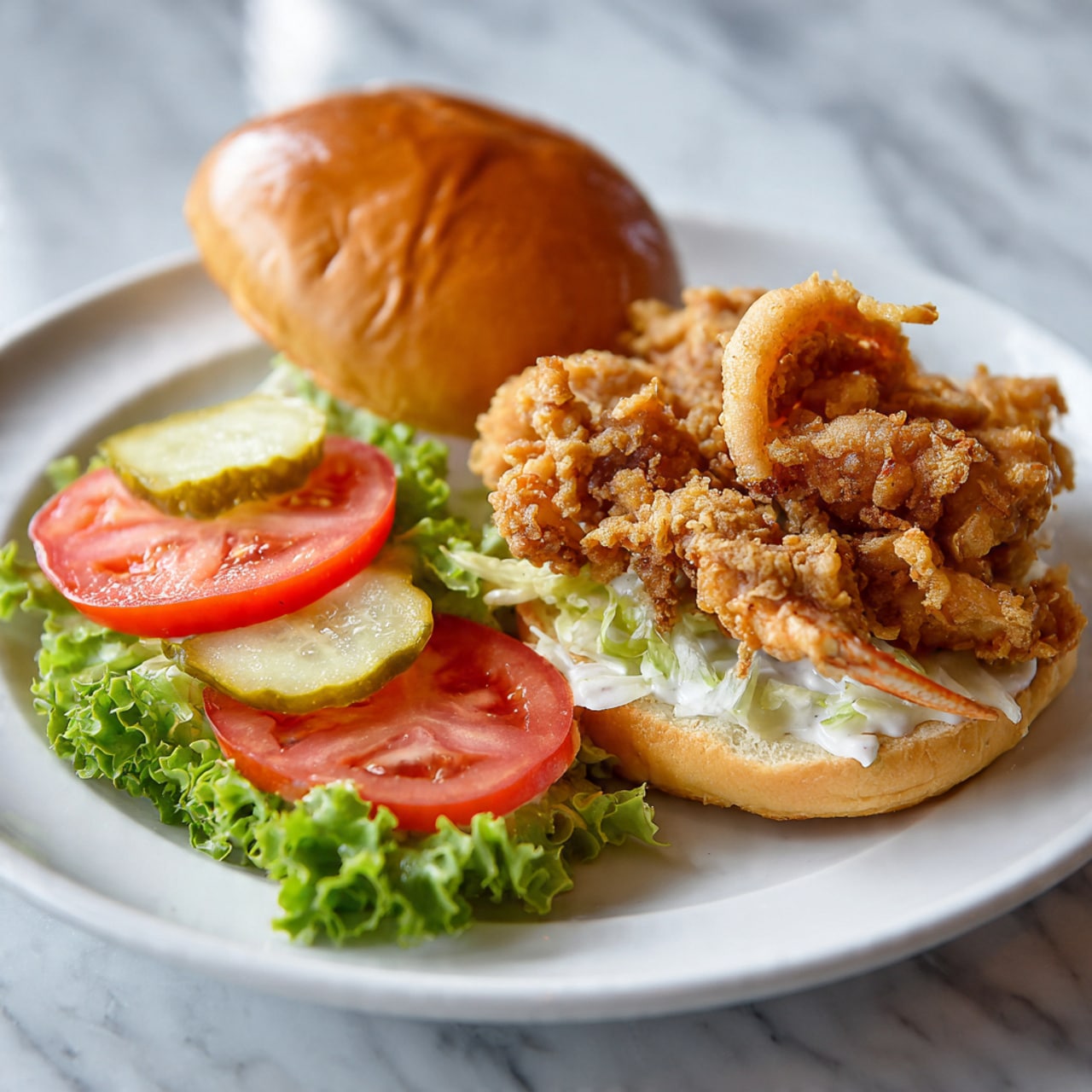 A white plate with an open sandwich shows a soft bun bottom topped with a layer of white sauce, bright green curly lettuce, two round red tomato slices, two thick green pickle slices, and a fried soft shell crab with a golden brown, crispy texture that extends over the edges of the bun. Next to the sandwich is the top half of the bun with a golden brown smooth surface. The setting is on a white marbled surface. photo taken with an iphone --ar 4:5 --v 7