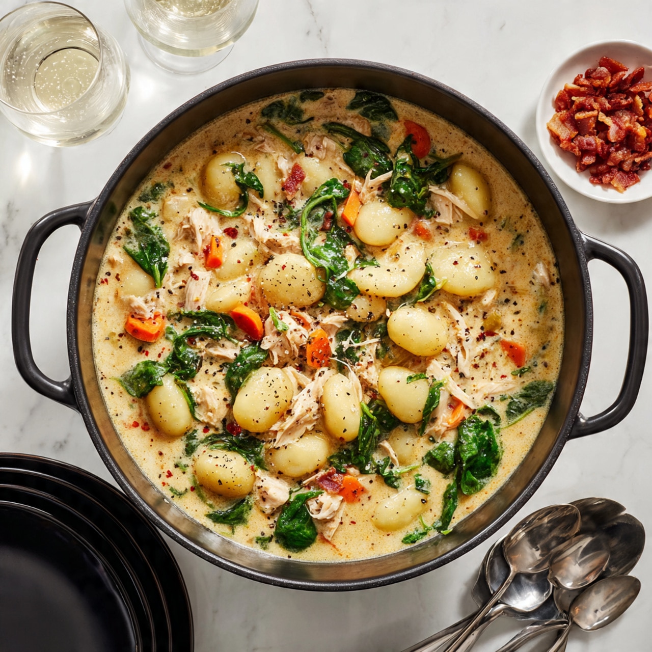 The image shows an overhead view of various ingredients neatly arranged on a white marbled surface. In the center right is a white oval plate with shredded light tan chicken. Above it, there is a clear glass bowl filled with chopped pink and white bacon strips. To the left are fresh green spinach leaves next to a small clear bowl of dried herbs topped with a large bay leaf. In the middle left is a clear bowl filled with bright orange carrot slices beside another clear bowl of chopped white onions. Below the onions is a bowl of light green diced celery. A small block of pale yellow butter is partly wrapped in paper at the bottom center near a glass pitcher with orange broth or stock. There is a bottle of white wine on the top left and a clear plastic bag of ridged potato gnocchi near the upper center. Fresh parsley with bright green leaves is on the bottom right next to a bottle of creamy white sauce or dressing. Everything is neatly spaced and brightly lit, photo taken with an iphone --ar 4:5 --v 7