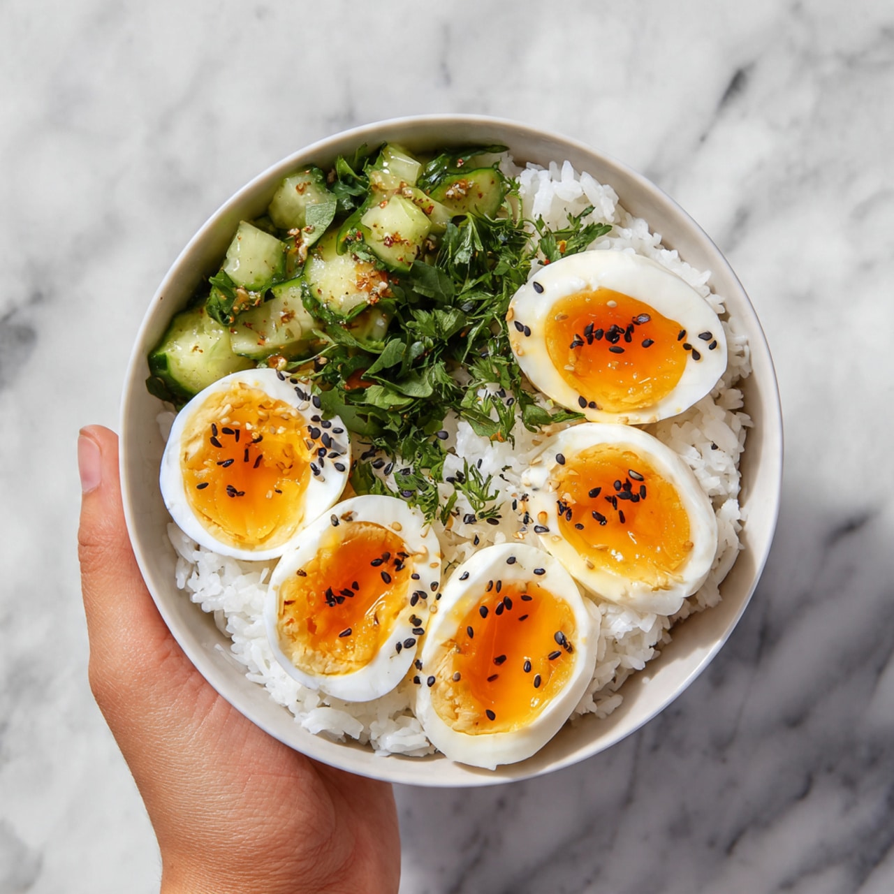 The image shows a white bowl filled with white rice as the bottom layer. On top of the rice, there are four halves of soft boiled eggs with bright orange yolks arranged in a circle on one side. Next to the eggs, there's a layer of green chopped vegetables, possibly cucumbers, mixed with some small green herbs. Black sesame seeds are sprinkled over the eggs and vegetables for contrast. A woman's hand is holding the bowl against a white marbled surface. The photo is taken with an iphone --ar 4:5 --v 7