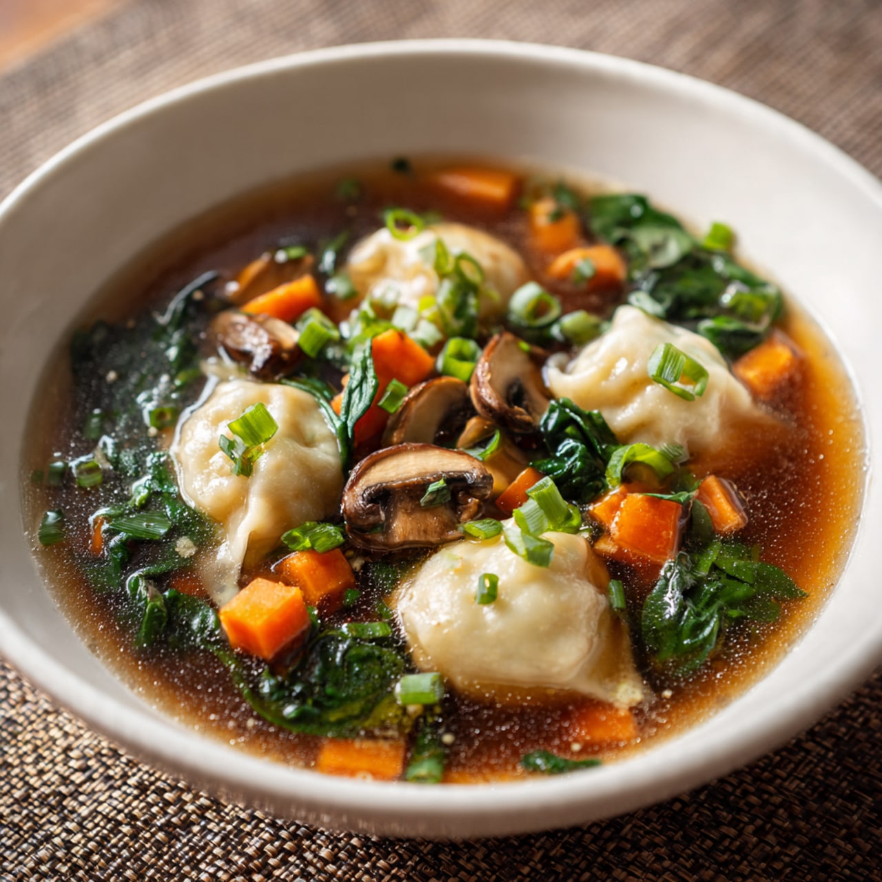 A white bowl filled with clear brown broth, showing soft dumplings with pale, smooth skins floating near the top. Bright orange carrot cubes and dark green spinach leaves are mixed throughout the soup, with a few slices of light brown mushrooms resting on the surface. Small pieces of green onion are scattered all over, adding a fresh green color. The bowl is placed on a textured woven mat, and the photo is taken close up, capturing the shine and texture of the ingredients in warm natural light. photo taken with an iphone --ar 4:5 --v 7