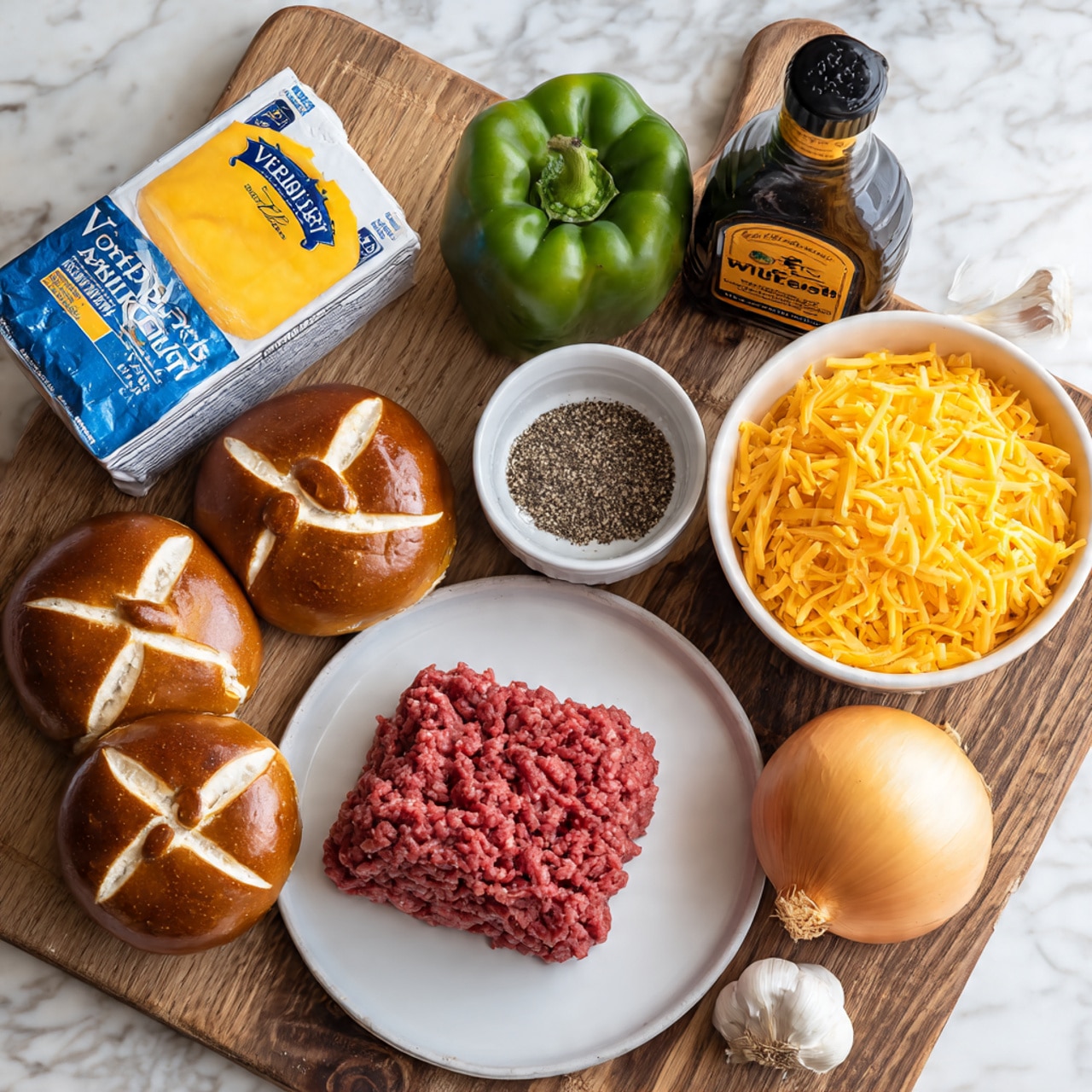 The image shows ingredients arranged on a white marbled surface with a wooden texture underneath. In the center bottom, there is a white plate holding a block of raw ground beef with a rough texture and deep red color. To the left of the plate, there is a carton of beef broth with blue and white packaging and a yellow block of Velveeta cheese above it. Above the cheese is a green bell pepper. To the right of the beef plate, there is a small white bowl filled with ground black pepper, and above it, a white bowl is filled with bright orange shredded cheddar cheese. Next to the cheese, four brown pretzel rolls with smooth shiny crusts and a white cross pattern are arranged. Near the center, there is a yellow onion with papery skin and a white garlic bulb. A black bottle of Worcestershire sauce with a beige label stands near the top center photo taken with an iphone --ar 4:5 --v 7