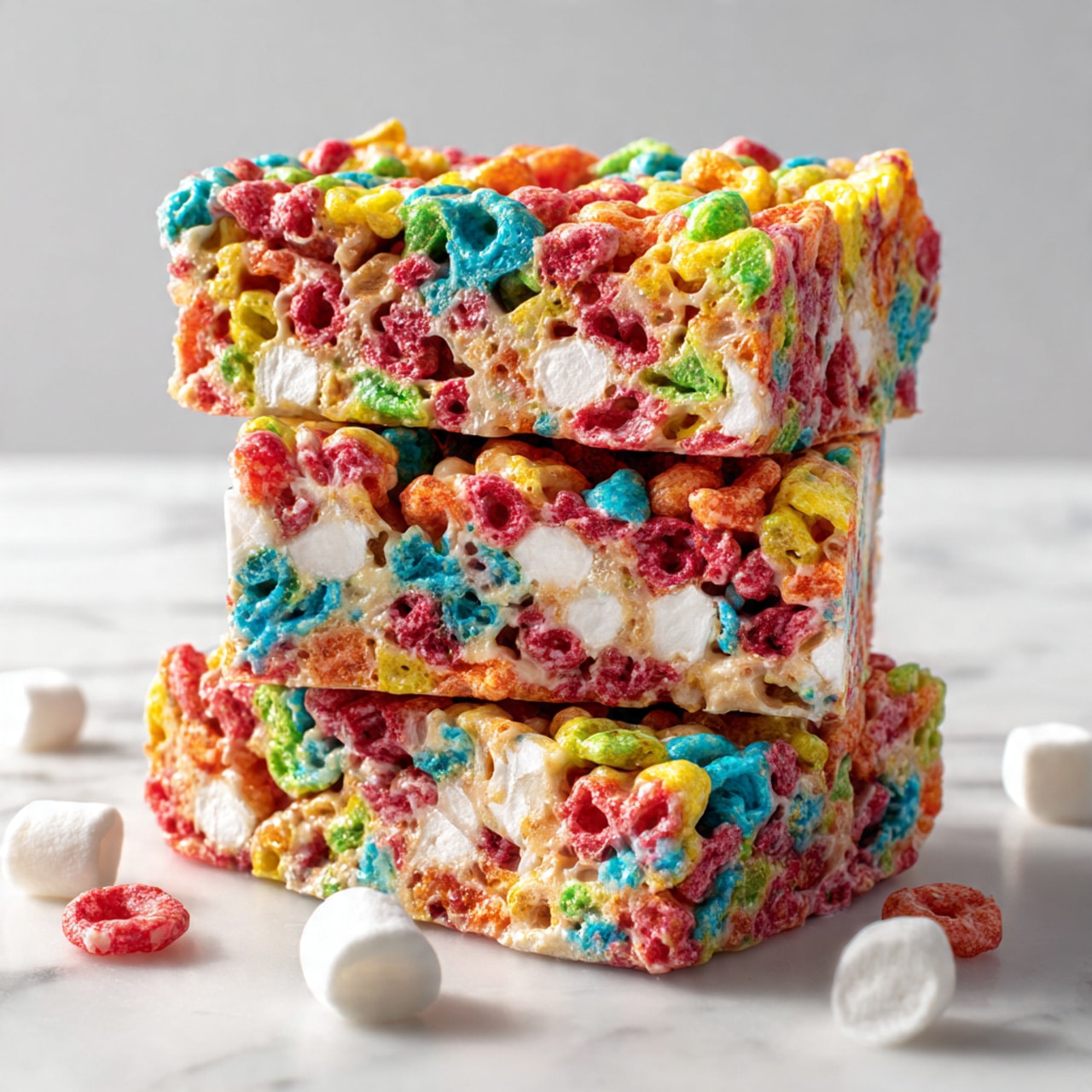 A tall stack of three colorful cereal bars is shown, each bar filled with bright red, yellow, green, blue, and orange cereal pieces mixed with white marshmallows, creating a textured and chunky appearance. The bars have a sticky, glossy look from a binding ingredient that holds the cereal and marshmallows together. Small scattered cereal pieces and marshmallows rest around the base on a white marbled surface. The background is plain white, making the vibrant colors stand out clearly. photo taken with an iphone --ar 4:5 --v 7