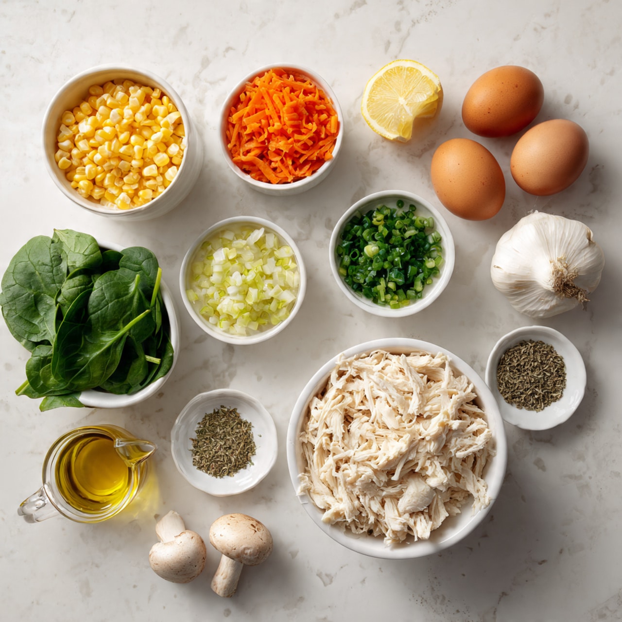 This image shows a white marbled surface with several white bowls and items arranged neatly. In the bottom right corner, there is a bowl filled with shredded cooked chicken, which is pale and textured. To the left of it, three small white bowls are placed with finely chopped carrots (orange and small pieces), finely chopped celery (green and small pieces), and finely chopped onions (white and small pieces). Above these, a white bowl holds yellow corn kernels. On the top left side, fresh spinach leaves are on the surface with a whole bright yellow lemon nearby. Next to the lemon, three brown eggs rest together, while two white mushrooms sit near a bulb of garlic. A small glass container with olive oil is placed to the left of the mushrooms. A pinch bowl with dried herbs stands in the middle. The colors and textures range from soft and shredded to chunky and crisp, all on a clean white marbled background. Photo taken with an iphone --ar 4:5 --v 7