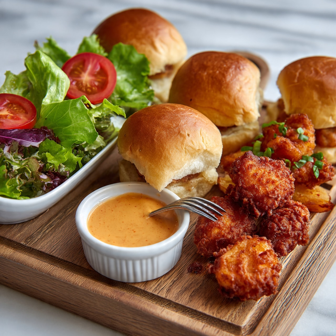 The image shows a wooden board on a white marbled surface. On the left side of the board, there is a small white plate with fresh lettuce leaves and sliced red tomatoes. On the right side, there is a golden brown crispy fried item, with some pieces placed to the side. Between these, there are three round sandwich buns with a light golden crust, each filled with a smooth, light orange spread. A woman's hand is holding a fork and reaching toward one of the buns. A small white bowl with a creamy orange sauce sits near the fried item. The colors are warm and natural, highlighting the textures of the crispy fried food, fresh vegetables, and soft buns. Photo taken with an iphone --ar 4:5 --v 7