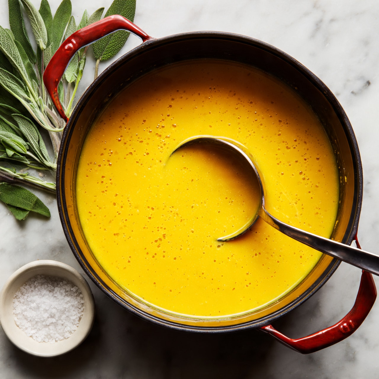 A close-up of a thick, smooth, bright yellow soup fills a large black pot with red handles, the soup showing a creamy texture with a few tiny specks. A large silver ladle dips into the soup on the right side, reflecting the yellow color. Around the pot are fresh green sage leaves and a small white bowl with coarse salt. The pot sits on a white marbled surface. photo taken with an iphone --ar 4:5 --v 7