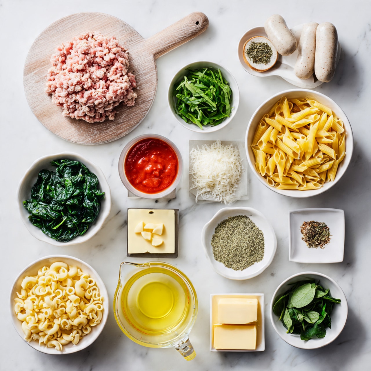 The image shows many small white bowls and a glass measuring cup arranged neatly on a white marbled surface, each filled with different ingredients for cooking. At the top center is a pile of pale pink raw ground meat on a round board, with sausages in a nearby white bowl. Surrounding these are various chopped greens, white and yellow powders, and liquids: a bright red tomato sauce, yellow beaten eggs, chopped zucchini, fresh spinach, and a bowl of small yellow pasta. There are also small square plates holding light yellow solid butter and different types of dried herbs and spices. The glass measuring cup is filled with a clear yellow broth near the middle bottom of the photo. The scene is clean, bright, and clearly arranged for preparing a meal. Photo taken with an iphone --ar 4:5 --v 7