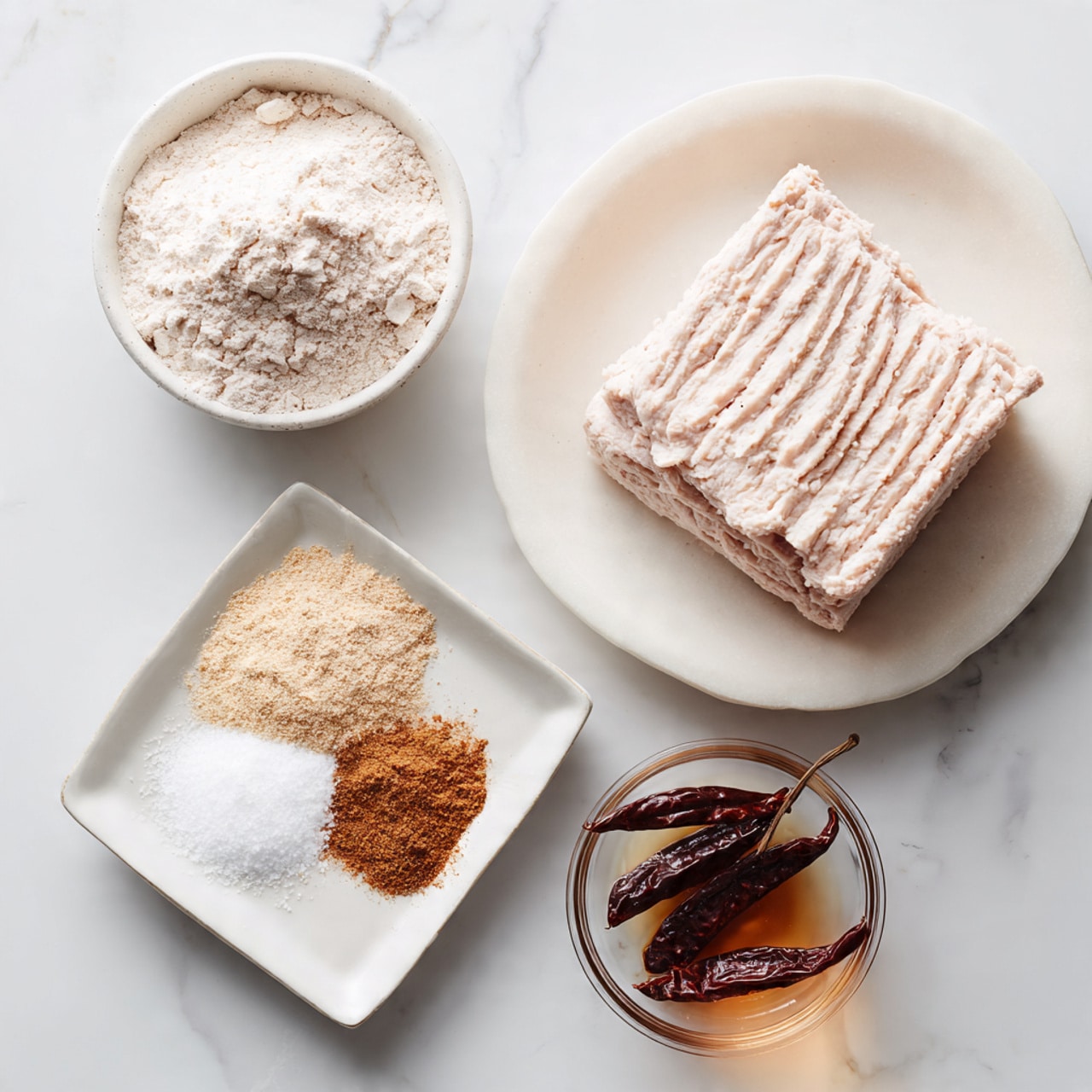 The image shows four dishes arranged on a white marbled surface. On the right side, there is a round white plate holding a square layer of pale pink ground meat with a ridged texture. On the top left, a small white bowl contains a mound of light beige powdery flour. Below it, a square white dish holds three distinct piles of dry spices: a light beige powder, a white salt, and a warm brown spice, each neatly separated. At the bottom right, there is a small clear glass bowl with three dark reddish-brown dried chili peppers soaking in a light brown liquid. photo taken with an iphone --ar 4:5 --v 7