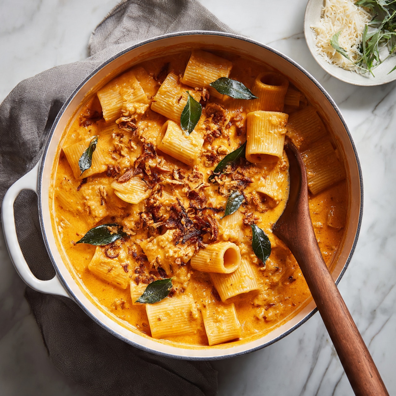 A white pot filled with a creamy orange-colored pasta sauce, filled with rigatoni pasta, topped with crispy fried onions and fresh green curry leaves scattered on top. A wooden spoon rests inside the pot on the right side, partially submerged in the sauce. The pot sits on a white marbled surface with a gray cloth towel underneath it. On the top right corner, a white bowl with grated cheese and some fresh green herbs are visible. photo taken with an iphone --ar 4:5 --v 7