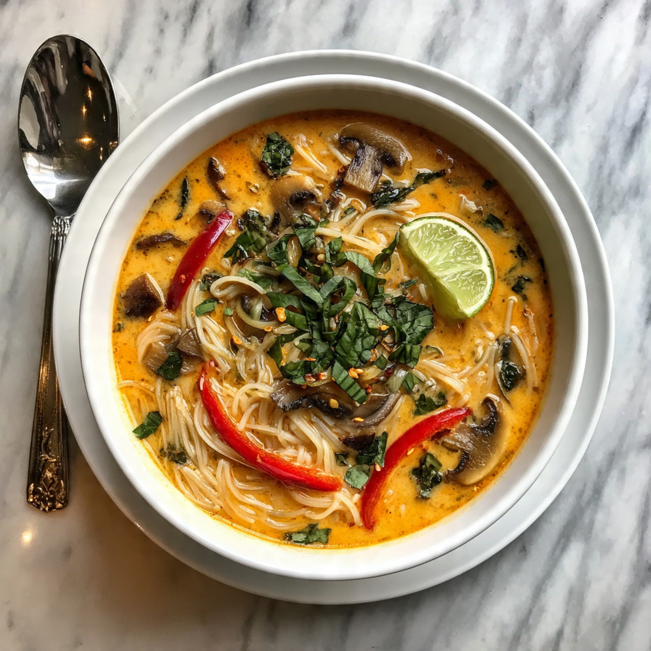 A white bowl filled with a creamy orange soup, layered with thin noodles, slices of lime, red bell pepper strips, mushrooms, and fresh green basil leaves on top. The soup looks smooth and rich, with herbs sprinkled across the surface. The bowl is placed on a white marbled surface with a silver spoon beside it. Photo taken with an iphone --ar 4:5 --v 7