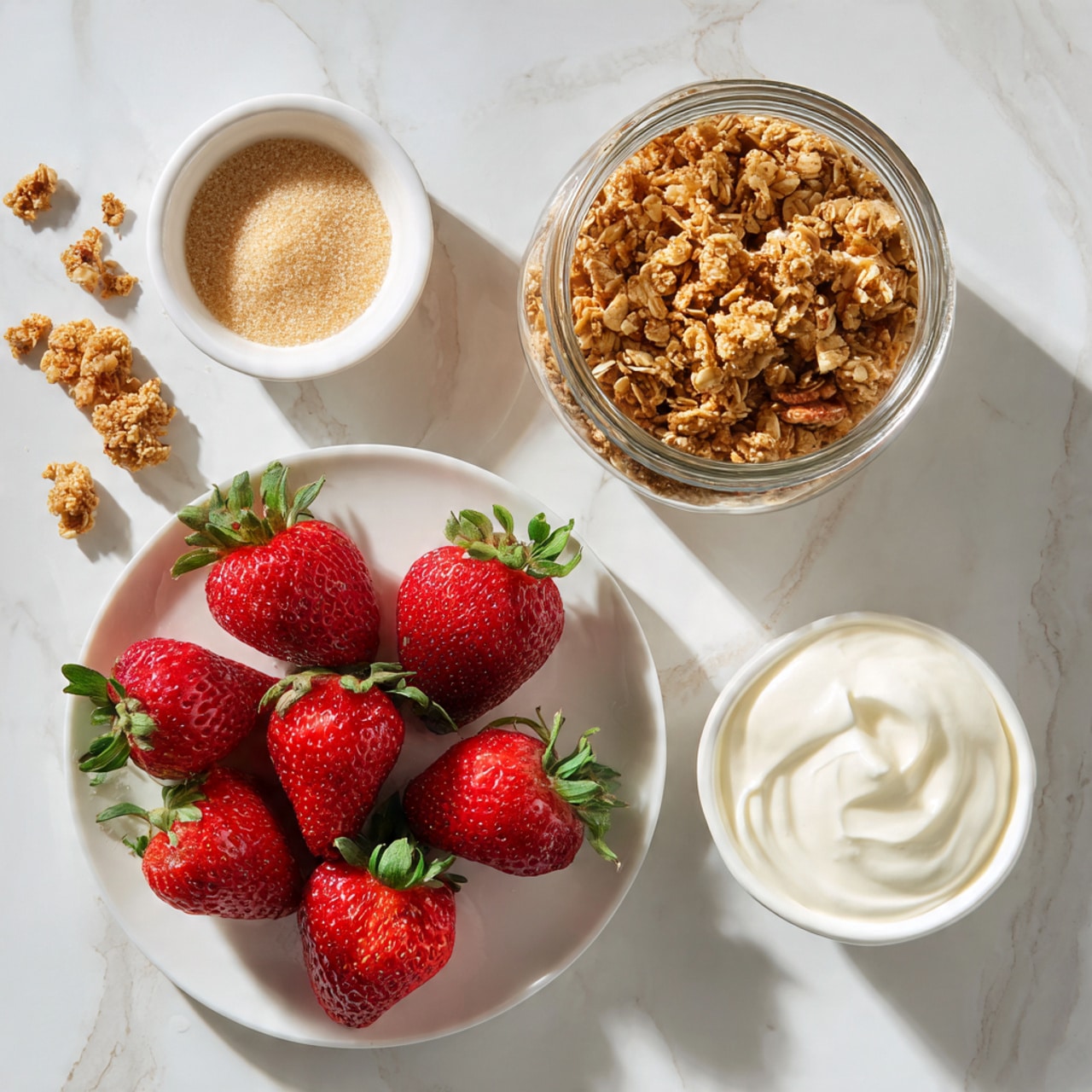 A top-down view of a simple breakfast setup on a white marbled surface. In the lower left, a white plate holds nine fresh strawberries with green leaves, bright red and shiny, arranged in a loose pile. To the upper right of the plate, a clear glass jar is filled almost to the top with chunky, golden-brown granola showing oats and nuts. Below the jar, a white bowl is filled with creamy white yogurt, swirled softly at the top. To the left of the plate, a small white round bowl holds a coarse, light brown sugar. A few granola pieces are scattered near the jar, adding a casual touch. photo taken with an iphone --ar 4:5 --v 7