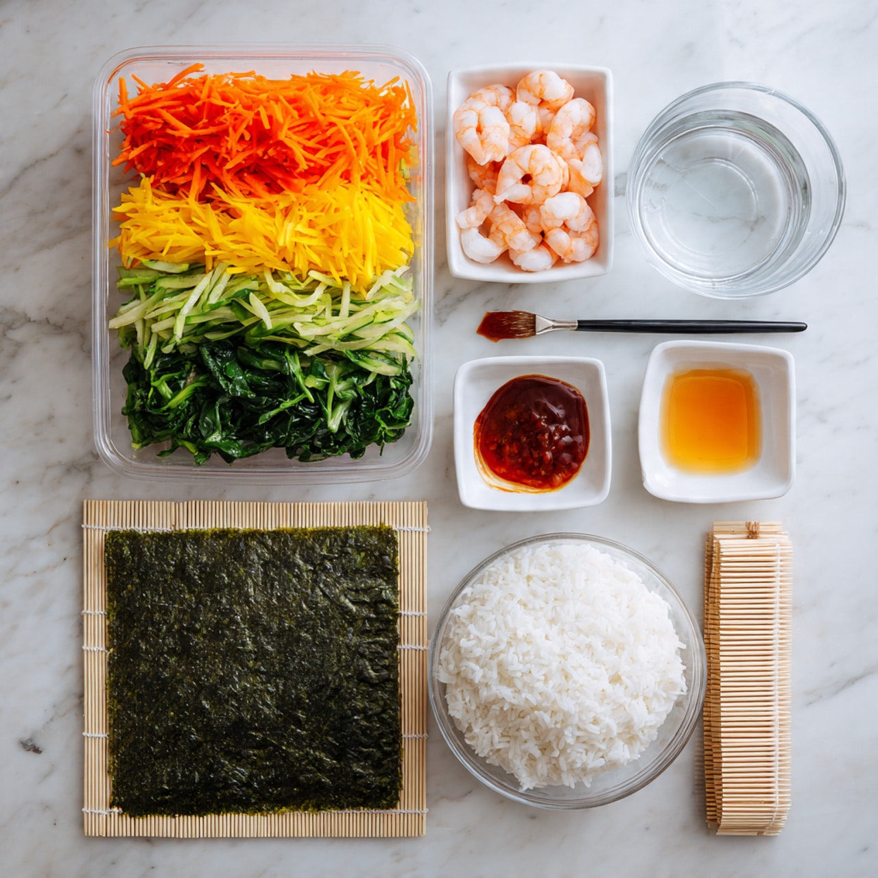 The image shows ingredients for making sushi rolls arranged neatly on a white marbled surface. At the top left, there is a clear rectangular container holding four layers of filling: orange shredded carrots, yellow strips of bell pepper, green leafy vegetables, and orange cooked shrimp or crab sticks. To the right, a set of small white bowls contains clear water, a reddish-brown sauce, and a black brush. Below these is a clear bowl filled with white sticky rice. At the bottom left is a square sheet of dark green seaweed, and next to it is a bamboo sushi rolling mat. The layout is clean and organized, ready for making sushi rolls, photo taken with an iphone --ar 4:5 --v 7