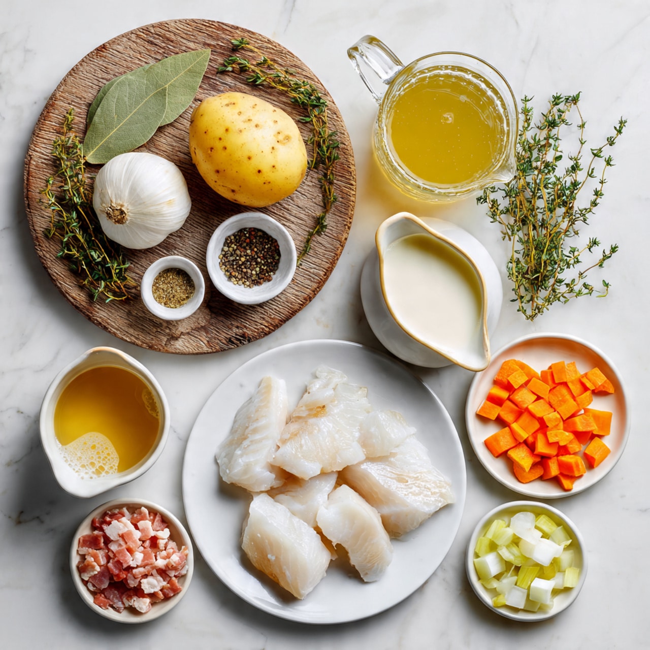 The image shows a white marbled surface with various ingredients arranged neatly. On the left, there is a round wooden board with a yellow potato, a small whole garlic bulb, and a few sprigs of fresh green thyme. Around the board, there is a small white bowl with a bay leaf and black pepper, a small white cup with a light brown liquid, a clear glass pitcher with a pale yellow broth, and a smaller clear glass pitcher with white cream. At the bottom left, there is a small white bowl filled with chopped raw bacon. On the right side, a white plate holds three raw white fish fillets, while another white plate beside it contains three separated piles of diced vegetables: orange carrots, light green celery, and white onions. Photo taken with an iphone --ar 4:5 --v 7