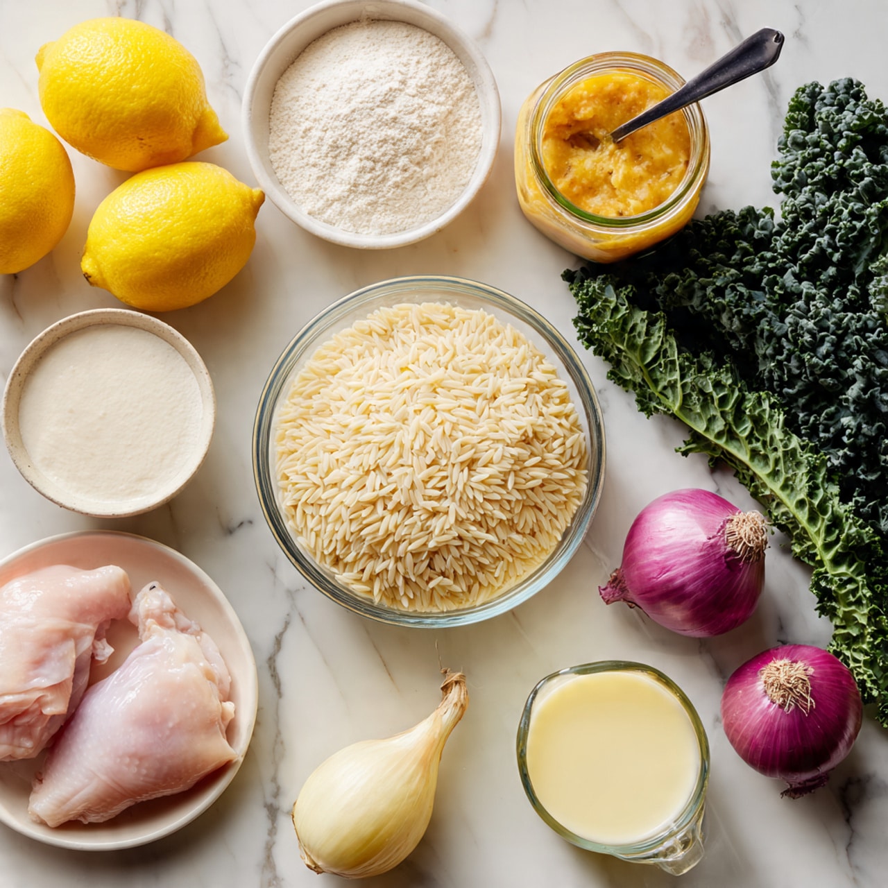 A flat lay image shows various raw ingredients arranged on a white marbled surface. At the center, there is a clear glass bowl filled with uncooked orzo pasta, light beige in color and smooth in texture. To its left, there are two halved lemons showing bright yellow flesh and whole lemons with textured skin. Below them is a clear package containing raw light pink chicken thighs. To the upper left of the orzo bowl, a container of thick creamy liquid stands next to a small clear bowl of white flour, and another bowl filled with finely grated pale yellow cheese. Above the orzo bowl is an open jar with thick orange sauce and a black spoon inside. Towards the right, fresh curly kale leaves with deep green shades spread vertically, next to two halves and a whole shallot, having smooth purplish outer skin with white inner flesh. In the bottom right corner, part of a clear measuring cup is visible with pale yellow liquid inside. All items rest neatly on the white marbled texture. Photo taken with an iphone --ar 4:5 --v 7
