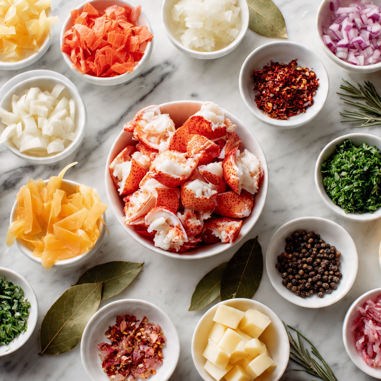 The image shows many small white bowls placed neatly on a white marbled surface, each holding different ingredients. In the center is a white bowl filled with chopped lobster pieces with a bright red shell and white meat. Surrounding it are bowls with vibrant orange slices, red spices, finely chopped pink shallots, creamy white butter, dark peppercorns, finely chopped green herbs, light yellow garlic slices, pale diced onions, and cubes of pale cheese. There are also bay leaves and other spices creating a colorful, organized layout. The scene looks fresh and ready for cooking. Photo taken with an iphone --ar 4:5 --v 7