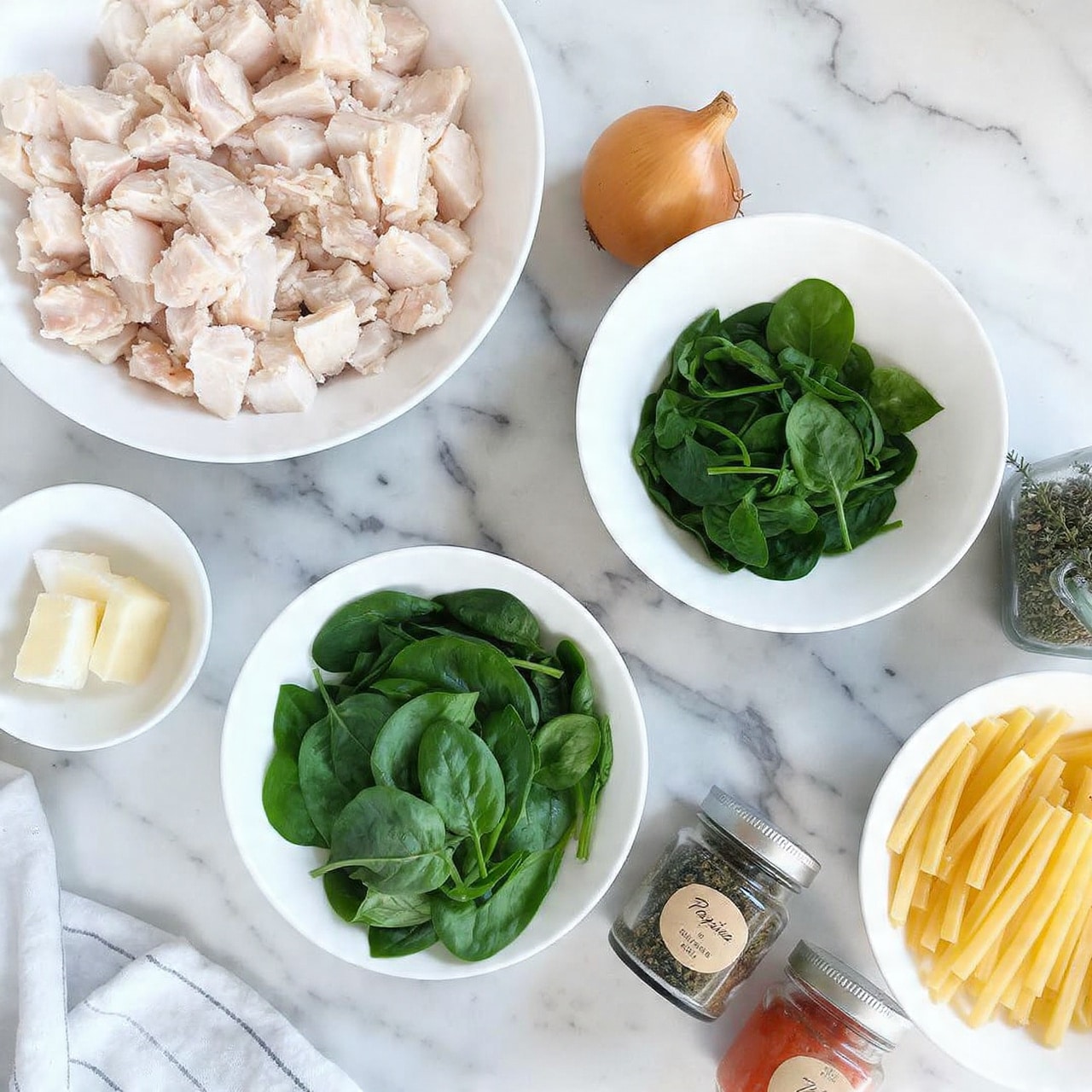The image shows a white marbled surface with several white bowls and small glass jars arranged neatly. One white bowl holds pale pink diced chicken pieces. Another bowl contains fresh green spinach leaves with a smooth texture. A third bowl is filled with uncooked yellow pasta sticks. There are smaller white bowls and glass containers with light cream cubes of butter, a pale yellow liquid, and red sauce. A whole yellow onion sits on the marbled surface along with jars of seasonings and spices, one labeled