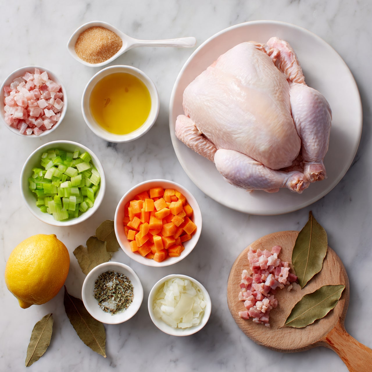 The image shows several small white bowls and a white plate on a white marbled surface. On the white plate, there is a raw whole chicken with pale pink skin. Around the plate, there are small white bowls containing chopped green celery, diced orange carrots, chopped white onions, small cubed pink bacon, coarse salt, minced garlic clove, and a mixture of yellow mustard and a light liquid. A wooden cutting board holds a large yellow lemon, a dried bay leaf, and a spoon of light brown sugar. The scene is bright and clean, with natural light highlighting the fresh ingredients photo taken with an iphone --ar 4:5 --v 7