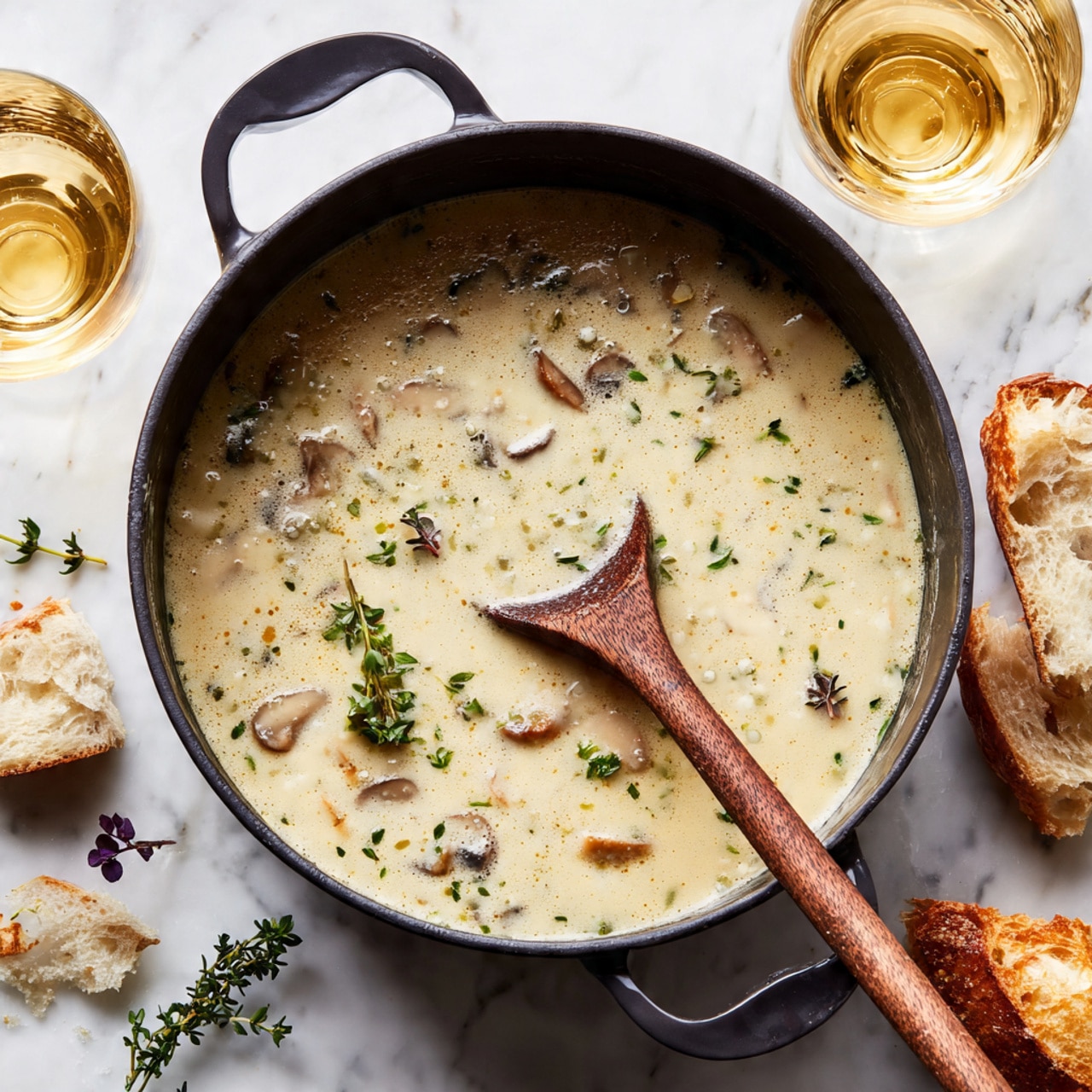 A black pot filled with creamy soup with a light yellow color and small bubbles on the surface, containing visible small pieces of mushrooms and herbs scattered inside. A wooden spoon with a smooth handle and a curved end is resting inside the pot, slightly submerged in the soup, with small green and purple herb leaves floating on top. Around the pot, there are pieces of torn bread and small green thyme sprigs lying on a white marbled surface. Two clear glasses filled with light golden liquid are nearby, adding a warm touch to the scene. Photo taken with an iphone --ar 4:5 --v 7