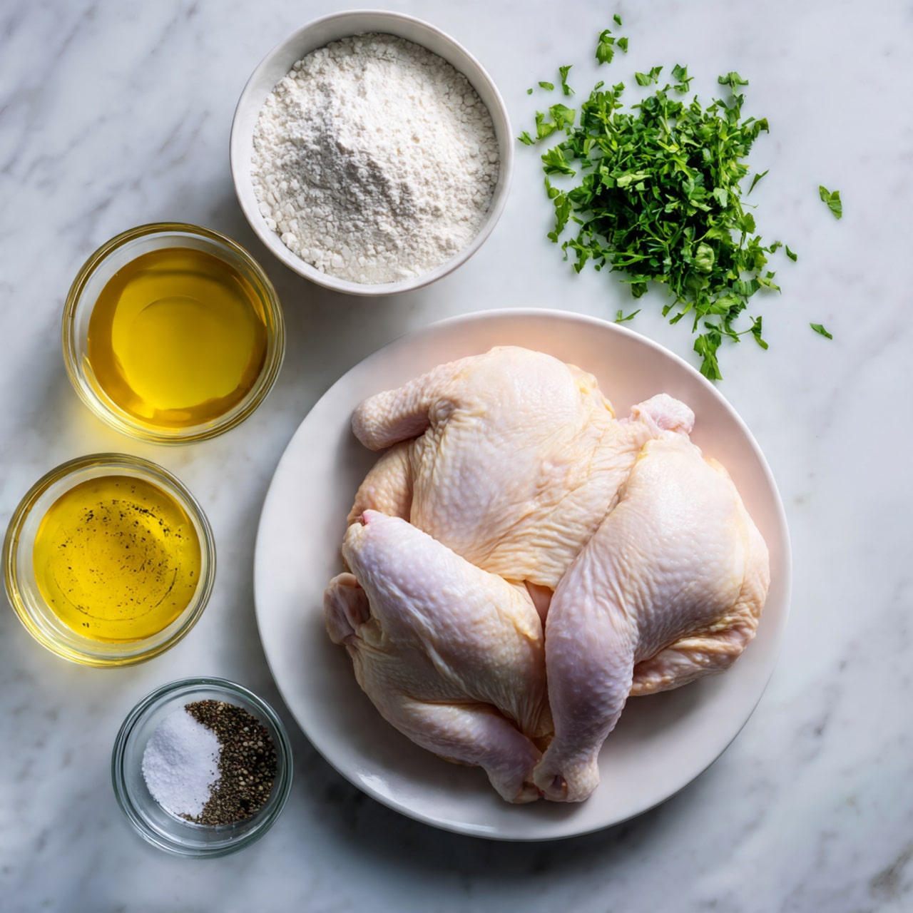 The image shows two pieces of raw chicken placed on a white plate. Around the plate are small clear bowls, one containing yellow oil, another with white flour, a bowl with fresh green herbs mixed with yellow butter, and a small dish holding salt and pepper. All items are arranged on a white marbled surface. photo taken with an iphone --ar 4:5 --v 7