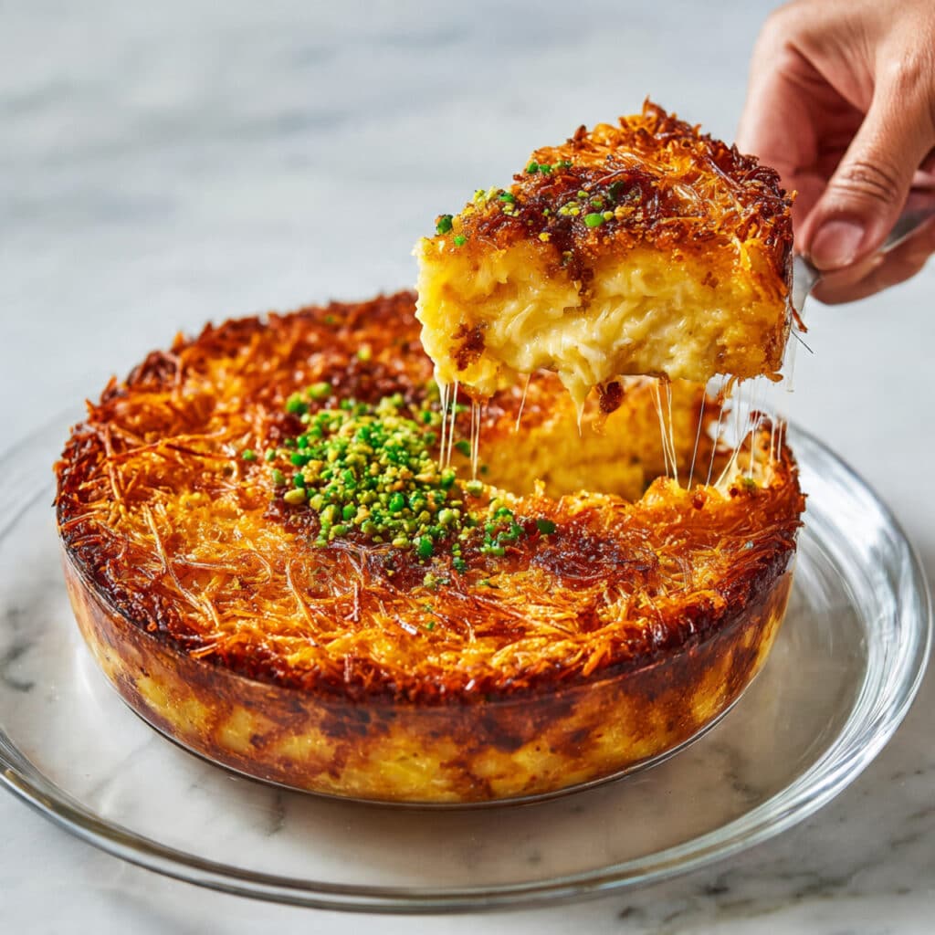 Knafeh: Middle Eastern Crispy Cheese Pastry with Rose Water Syrup Recipe