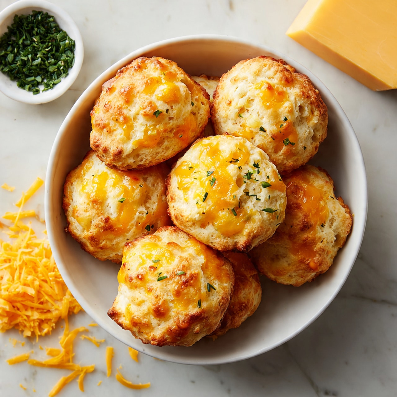 A white bowl filled with seven round, golden-baked cheese biscuits, each biscuit showing a rough, textured surface with melted yellow cheddar cheese peeking through and sprinkled with small green herb bits. The biscuits are piled unevenly in the bowl, showing their fluffy and crumbly texture. Next to the bowl is a white marbled surface with shredded cheddar cheese and some green herbs scattered around. In the background, a block of cheddar cheese and a small white bowl filled with chopped green herbs are slightly out of focus. photo taken with an iphone --ar 4:5 --v 7