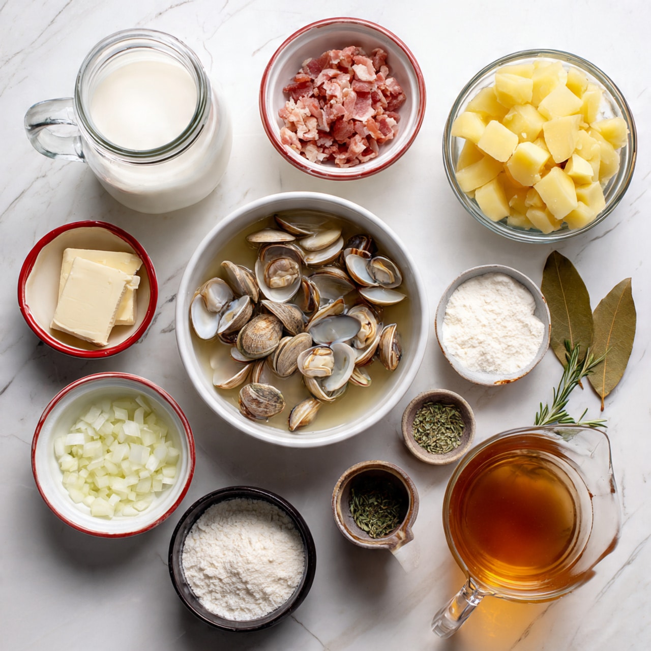 The image shows eleven small bowls and jars arranged over a white marbled surface, each holding different ingredients. In the center is a white bowl with soaked clams in light water. To the top right is a white bowl with yellow potato chunks. Above that, a small clear bowl contains pink chopped bacon. In the top left, a glass jar holds white milk. Below that, a small bowl with light butter pieces sits next to two white bowls with red rims; one is filled with white flour, and the other with chopped white onions. Below the onions, a small black bowl holds minced garlic. Near the center right, a small clear bowl contains dried thyme, while next to it is a green pepper shaker. A dark green bay leaf lies beside the pepper shaker, and a tall glass filled with amber broth or stock sits at the bottom right. A translucent jug with light broth or stock is on the bottom left side of the layout. Photo taken with an iphone --ar 4:5 --v 7