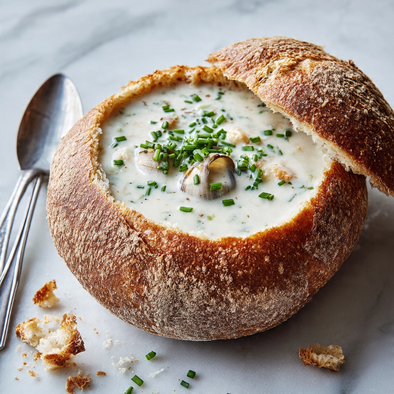 A round bread bowl with a golden brown crust and light, airy inside holds a creamy white clam chowder. The chowder is smooth and thick, with small clam pieces floating on top, garnished with bright green chopped chives scattered across the surface. The bread lid, with a similar crust and texture, sits near the bread bowl. The bread and soup rest on a white marbled surface, with a silver spoon to the left and a few crumbs and small chive pieces scattered around. Photo taken with an iphone --ar 4:5 --v 7