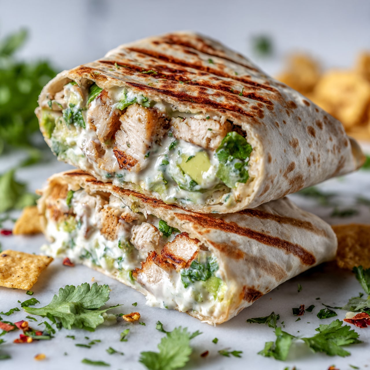 The image shows two stacked wraps with a toasted golden brown exterior marked by grill lines. Inside, the wraps are filled with pieces of light grilled chicken, chunks of green avocado, fresh green leafy cilantro, and a creamy white sauce that oozes out slightly. The wraps rest on a white marbled surface scattered with more fresh green cilantro leaves and some small pieces of tortilla chips, along with small bits of red and green, adding color to the scene. The overall look is fresh and vibrant, with textures ranging from soft avocado to the slightly crispy wrap and tender chicken. Photo taken with an iphone --ar 4:5 --v 7
