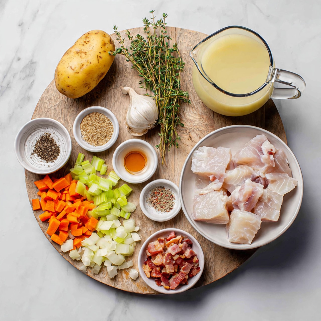 The image shows several ingredients arranged neatly on a white marbled surface. On the top left, a round wooden cutting board holds a single whole potato with a yellow skin, a bulb of garlic, and a small bunch of fresh green thyme. Around the cutting board are small white bowls with black pepper, a light brown liquid, thick cream, diced raw bacon pieces, and mixed diced vegetables including orange carrots, green celery, and white onion. On the right side, a larger white bowl holds several pieces of raw white fish fillets. Near the cutting board, there is a glass pitcher filled with a pale yellow broth. photo taken with an iphone --ar 4:5 --v 7