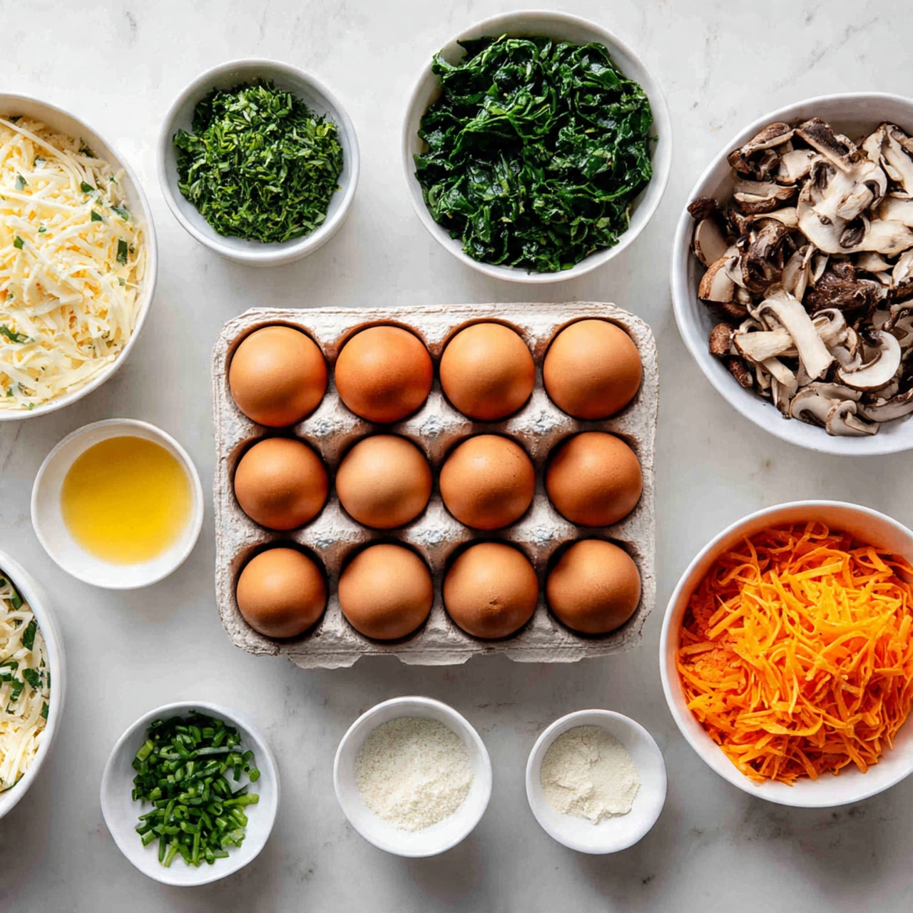 A white marbled surface holds several white bowls and a carton of brown eggs, arranged neatly. In the middle, there is a carton open with twelve brown eggs in two rows, each egg smooth and round. Around it, there are white bowls filled with different ingredients: finely chopped green herbs, shredded orange carrots, thinly sliced mushrooms, leafy green spinach, grated white cheese, a white creamy mixture, and another bowl with green chopped chives. Also present are two small bowls with a yellow liquid and a white powdery ingredient. The colors range from earthy brown eggs to bright green leaves, orange shreds, and creamy whites, all placed evenly on the surface. photo taken with an iphone --ar 4:5 --v 7