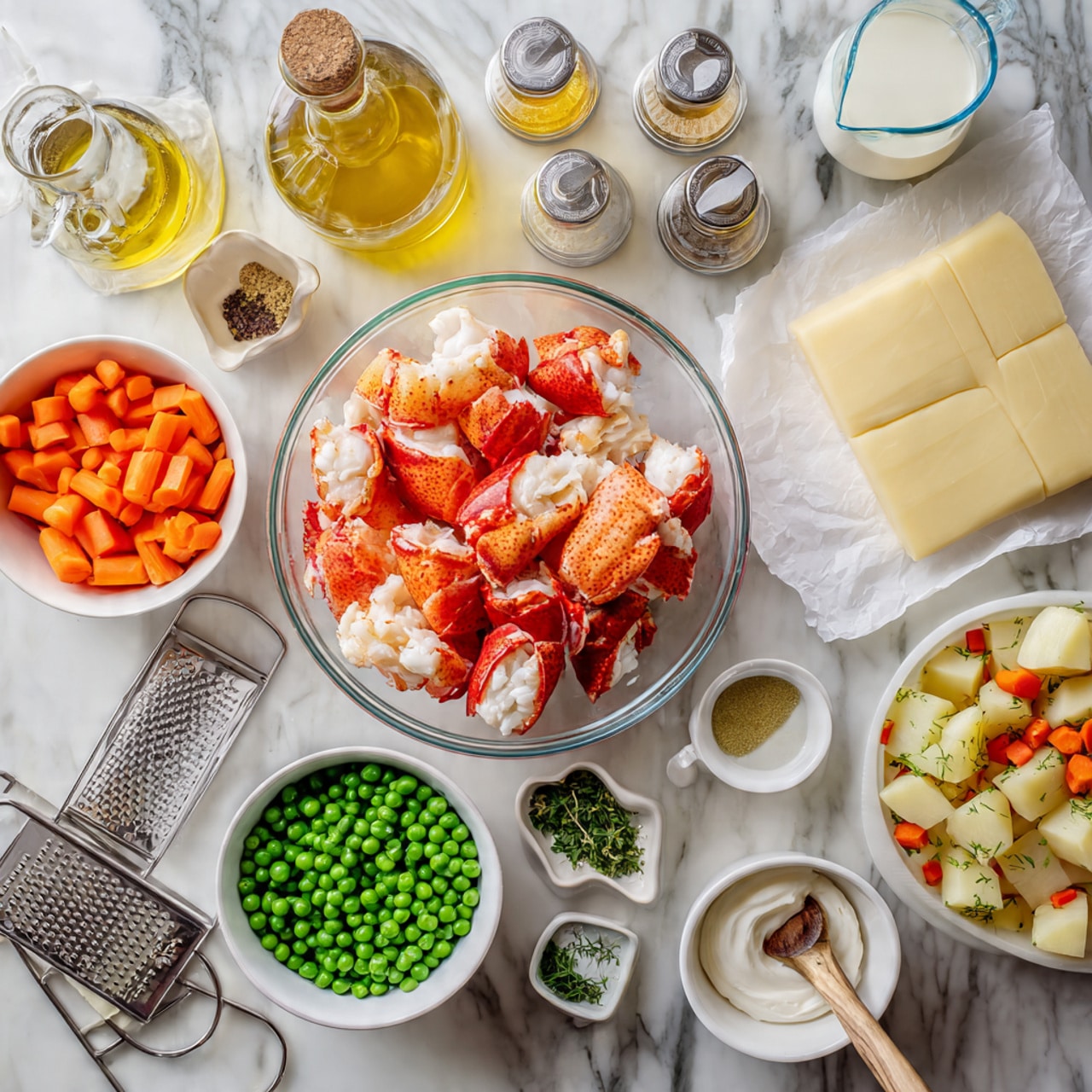 The image shows an overhead view of an arrangement of ingredients on a white marbled surface, prepared for cooking. At the center is a clear glass bowl filled with bright red lobster claws and chunks of lobster meat. To the right, there is a square sheet of folded dough sitting on white parchment paper. Surrounding the center bowl, there are multiple small white bowls and metal measuring cups with different ingredients, including peeled cubed potatoes that are creamy yellow, bright orange sliced carrots, vibrant green peas, and finely chopped white and green herbs like parsley and tarragon tied in bundles. There are also small bottles of oils and vinegars, two metal sieves, measuring spoons filled with a mix of light and dark spices, a small wooden spoon, a metal grater, and a glass measuring cup containing white cream. The overall image is colorful with fresh, raw ingredients neatly arranged. Photo taken with an iphone --ar 4:5 --v 7