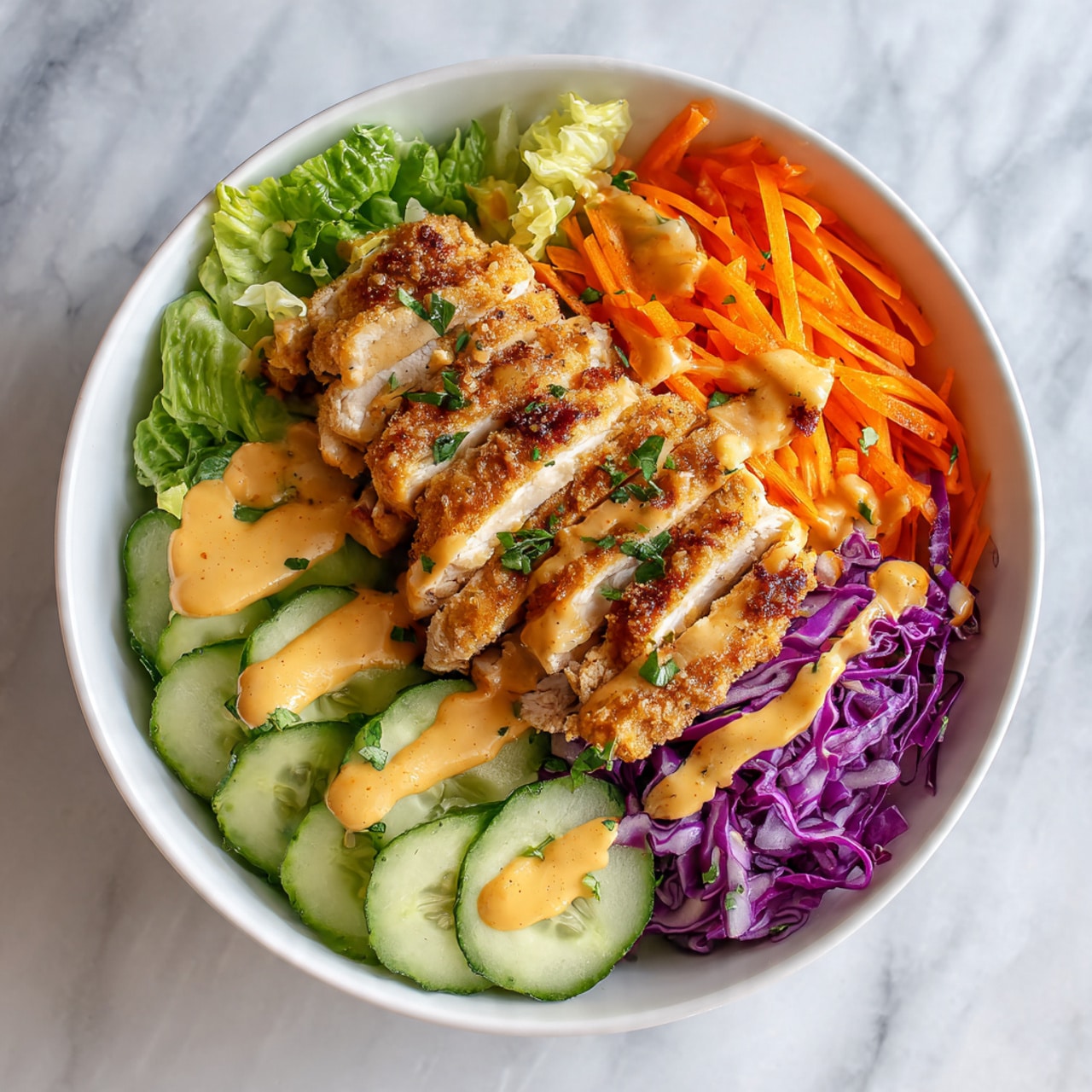 The image shows a white bowl with a colorful salad arranged in layers. The bottom layer is bright green lettuce leaves forming a fresh base. On one side, there are thinly sliced light green cucumber rounds. Next to the cucumber, there is shredded purple cabbage adding a vibrant touch. On the opposite side, long strips of bright orange carrots create another layer. On top of the vegetables, there are several pieces of golden-brown grilled chicken with a slightly crispy texture. The dish is finished with a drizzle of creamy light orange sauce spread evenly over the chicken and some sprinkled green herbs for garnish. The bowl sits on a white marbled surface. photo taken with an iphone --ar 4:5 --v 7