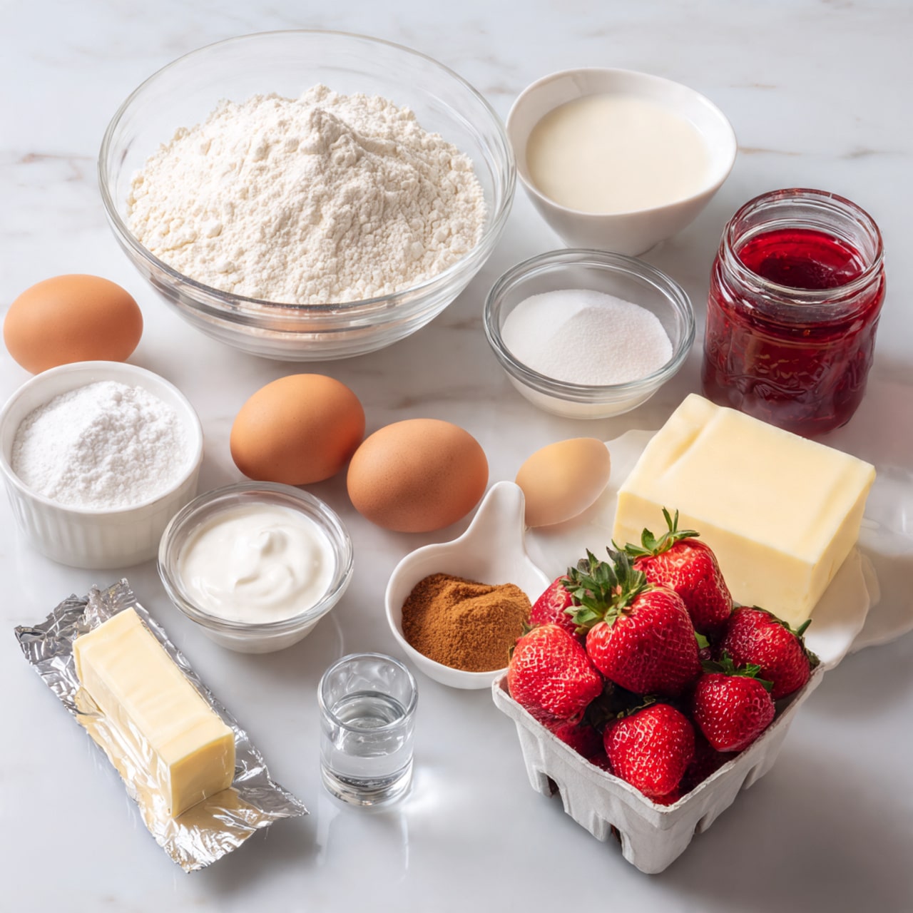 The image shows ingredients for baking neatly arranged on a white marbled surface. There is a large clear bowl filled with white flour, next to a smaller clear bowl with milk. Two brown eggs sit nearby, along with small white bowls containing cream, sugar, and a white powder, possibly baking powder. A small glass of clear liquid, a brown powder (likely cinnamon) in a bowl, and a jar filled with red jam or preserves add color. Bright red fresh strawberries in a white plastic container complete the scene, with a stick of butter, a small packet of baking powder, and a wrapped silver foil packet placed neatly. photo taken with an iphone --ar 4:5 --v 7