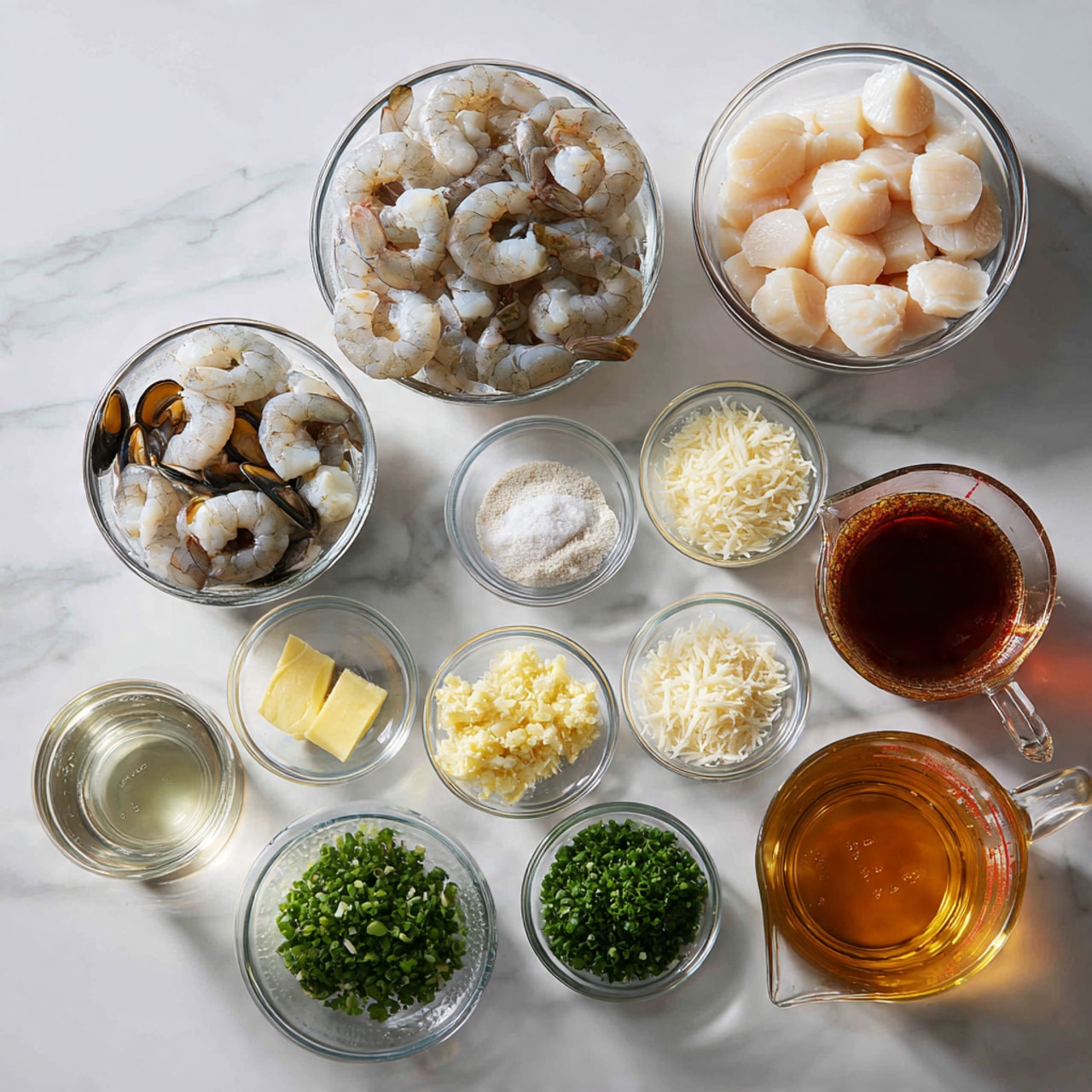 The image shows various seafood and cooking ingredients neatly arranged on a white marbled surface. There are two large clear glass bowls on the left side, one filled with whole shrimp with shells and tails, and the other with small white scallops. To the right, there is a large clear glass measuring cup filled with amber-colored broth. In front of the broth are small clear glass bowls arranged in neat rows, containing finely chopped onions, mussels, minced garlic, fresh chopped parsley, chopped chives, grated lemon zest, salt, black pepper, butter, Arborio rice, grated cheese, and another measuring cup with clear liquid, likely white wine or broth. The clean and organized setup highlights fresh and colorful ingredients with a focus on seafood. Photo taken with an iphone --ar 4:5 --v 7