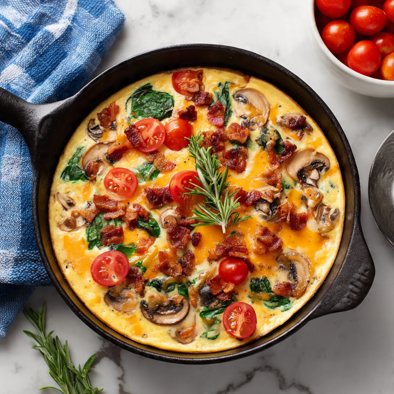 A round frittata sits in a black cast iron pan on a white marbled surface, showing about three layers: a pale yellow egg base, melted light orange cheese spread on top, and scattered toppings including red cherry tomato halves, small green spinach leaves, brown mushroom slices, and crumbled red-brown bacon bits. A green rosemary sprig lies across one side of the frittata. Near the top edge, a white bowl filled with whole red cherry tomatoes is partially visible, and a folded blue and white checkered cloth is placed on the surface to the top left. photo taken with an iphone --ar 4:5 --v 7