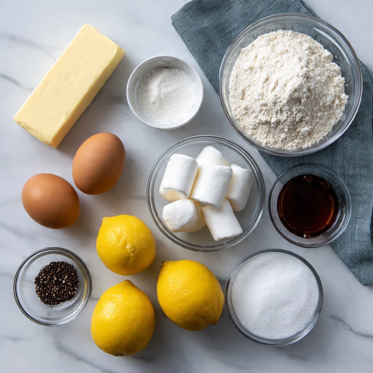 The image shows ingredients for baking arranged neatly on a white marbled surface. There are two sticks of light yellow butter at the bottom left, next to four brown eggs resting on a gray cloth to the right. Above the butter, there is a tiny bowl with white powder, likely baking soda or salt. Near the center, a clear bowl holds three white marshmallows. To the top right of the marshmallows, there is a large clear bowl filled with white flour. Next to it on the right, a smaller clear bowl has white granulated sugar. Two whole yellow lemons sit to the left and near the top right of the eggs. Above the marshmallows, a tiny glass bowl contains dark brown vanilla extract. On the far left, a small clear container holds black pepper or tiny dark seeds. The setting is simple, clean, and bright. photo taken with an iphone --ar 4:5 --v 7