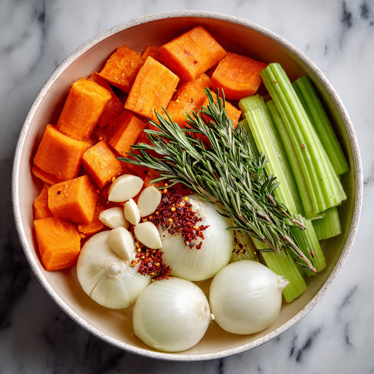 The image shows a round white pan filled with several layers of fresh ingredients. At the bottom, there are large, thick orange carrot pieces stacked on one side. Next to them, pale green celery sticks are arranged in a neat cluster. Raw whole garlic cloves and a sprig of green rosemary lie near the center, surrounding a raw white onion with a bit of red chili flakes sprinkled on top. The surface beneath the pan is a white marbled texture. The scene feels fresh and ready for cooking, photo taken with an iphone --ar 4:5 --v 7