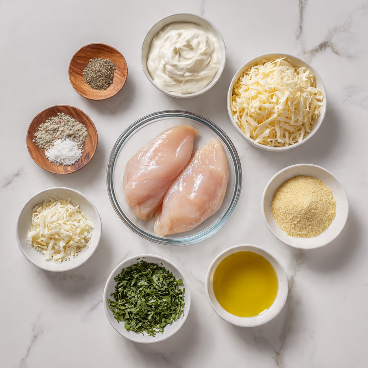 The image shows a white marbled surface with nine small bowls and one glass dish arranged neatly. In the center is a transparent glass dish containing two raw, light pink chicken tenderloins laid side by side. Surrounding the dish are bowls with various ingredients: to the upper left, a small wooden bowl with ground black pepper; next to it, a white bowl filled with creamy white sour cream; to the upper right, a white bowl with shredded pale yellow cheese; directly beneath that, a white bowl with light yellow fine garlic powder; to the far right, a white bowl holding golden yellow olive oil; at the bottom right, a small white bowl with coarse salt; bottom center, a white bowl filled with finely chopped fresh green herbs; bottom left, a small white bowl with dried parsley. The ingredients are spaced evenly, all on the clean white marbled surface. photo taken with an iphone --ar 4:5 --v 7