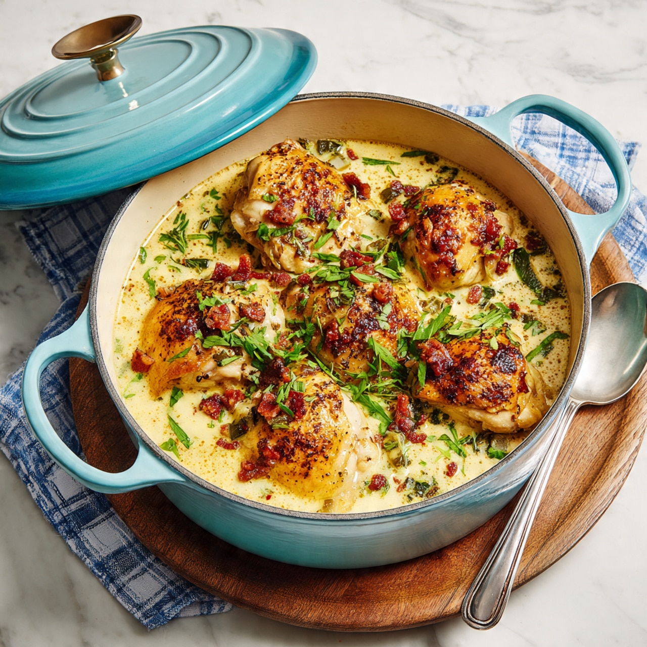 A round light blue pot with two handles holds a creamy stew with about five large cooked chicken pieces. The thick creamy sauce is pale yellow with visible small pieces of green vegetables and browned bits of bacon scattered throughout. Bright green fresh herbs are sprinkled on top for garnish. The pot sits on a round wooden board over a blue and white cloth on a white marbled surface. A silver spoon lies next to the pot and a matching blue lid is tilted open on the side. Photo taken with an iphone --ar 4:5 --v 7