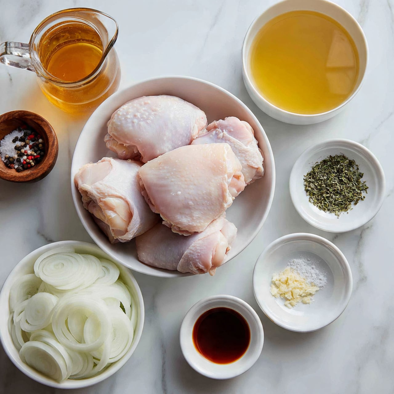 The image shows four raw chicken thighs with pale pink skin arranged in a white bowl at the center. Below the bowl is another white bowl filled with layers of white onion rings. Around these bowls, small white dishes hold various ingredients: finely chopped garlic in one, a pile of white powder in another, fresh green herbs, black and red pepper flakes, a dark brown liquid in one bowl and a light yellow liquid in another. There is also a small glass pitcher filled with amber broth to the left and a tiny wooden bowl with salt and pepper. The background is a white marbled surface. photo taken with an iphone --ar 4:5 --v 7