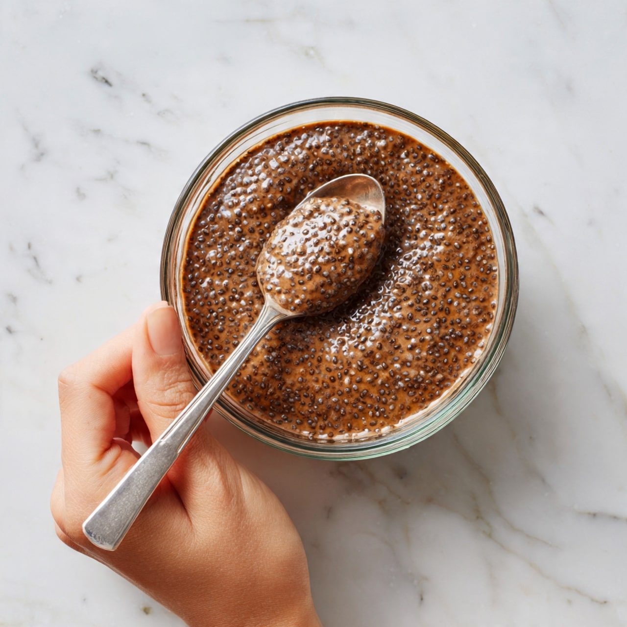 A clear glass bowl filled with a thick, brown chia pudding with visible small chia seeds throughout, showing a slightly bumpy texture. A spoon scoops a portion of the pudding inside the bowl, held by a woman's hand gripping the spoon handle. The bowl is placed on a white marbled surface, giving the whole scene a clean and simple look. photo taken with an iphone --ar 4:5 --v 7
