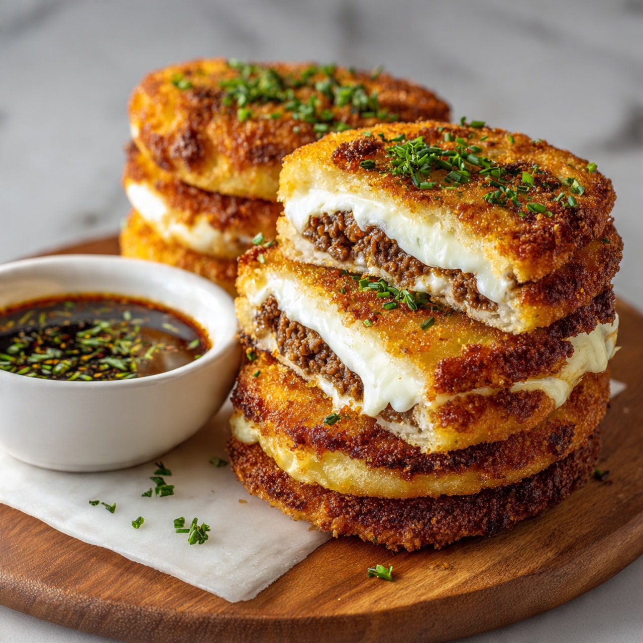 The image shows five round sandwiches stacked on a white marbled surface, placed on a wooden board. Each sandwich has a golden-brown crispy outer layer with a textured, slightly crunchy appearance. Inside, there are two thick middle layers: one creamy, melted white cheese layer and one crispy, browned meat layer beneath the cheese. The sandwiches are garnished lightly with small green herb bits. To the left of the sandwiches, there is a white bowl filled with dark soy sauce mixed with chopped green herbs. The photo taken with an iphone --ar 4:5 --v 7