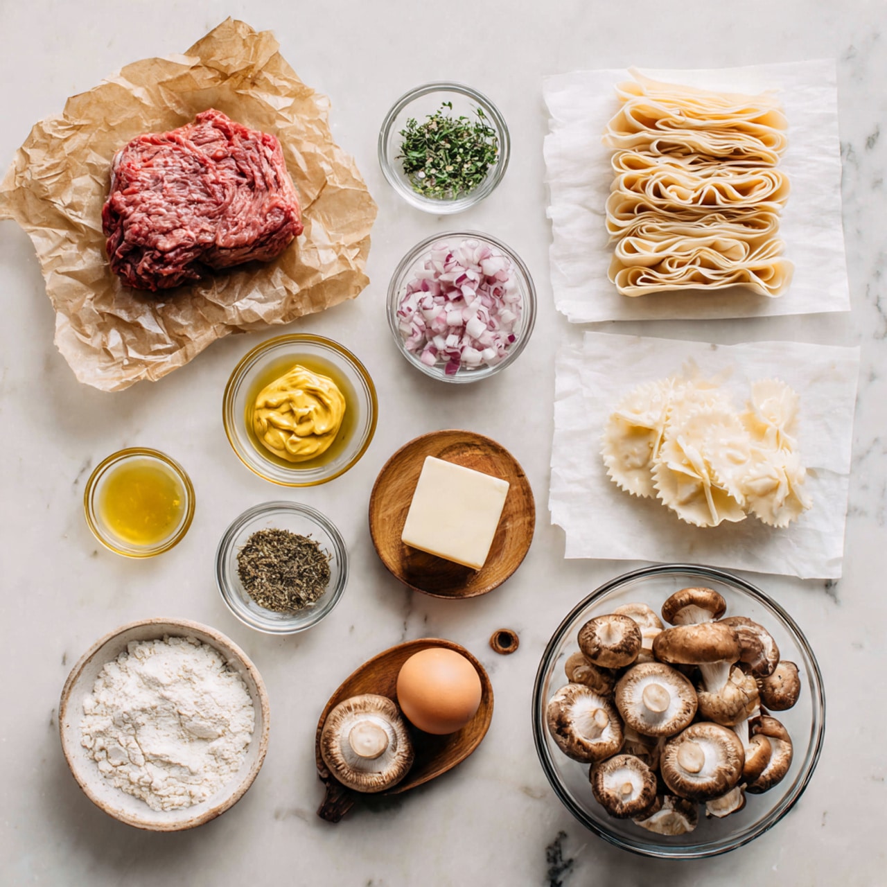 The image shows various cooking ingredients arranged neatly on a white marbled surface. In the top left, there is a piece of raw red meat resting on a piece of crumpled brown paper. To the right, a stack of thin, pale pink sliced meat is laid in an orderly manner on white paper. In the bottom right corner, a clear glass bowl is filled with different types of mushrooms in light brown and beige shades. Moving left, there is a small cube of pale yellow butter next to a small glass bowl of bright yellow mustard, and above that a bowl of finely chopped light purple onions. Nearby are two smaller glass bowls, one with tiny green herbs and the other with coarse white salt on a small round wooden dish. A bowl of white flour is positioned near the bottom left, close to a single brown egg and two folded layers of pale puff pastry. On the far right, there is a small glass bowl with ground black pepper. Photo taken with an iphone --ar 4:5 --v 7