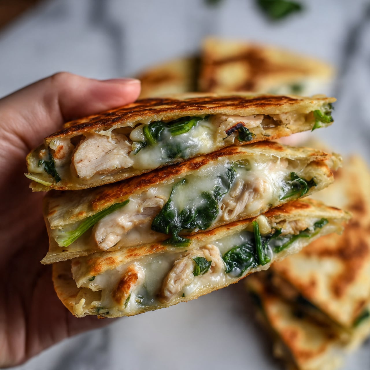 A close-up image of a woman's hand holding a slice of quesadilla, showing three layers inside: the top and bottom layers are thin, golden-brown, crispy tortilla shells with a slightly uneven texture; the middle layer includes melted cheese that is creamy white with a smooth, slightly stretchy texture, green leafy spinach pieces, and bits of grilled chicken that are lightly browned with a slightly charred edge. The background is blurred but shows more pieces of the quesadilla on a white marbled surface. Photo taken with an iphone --ar 4:5 --v 7