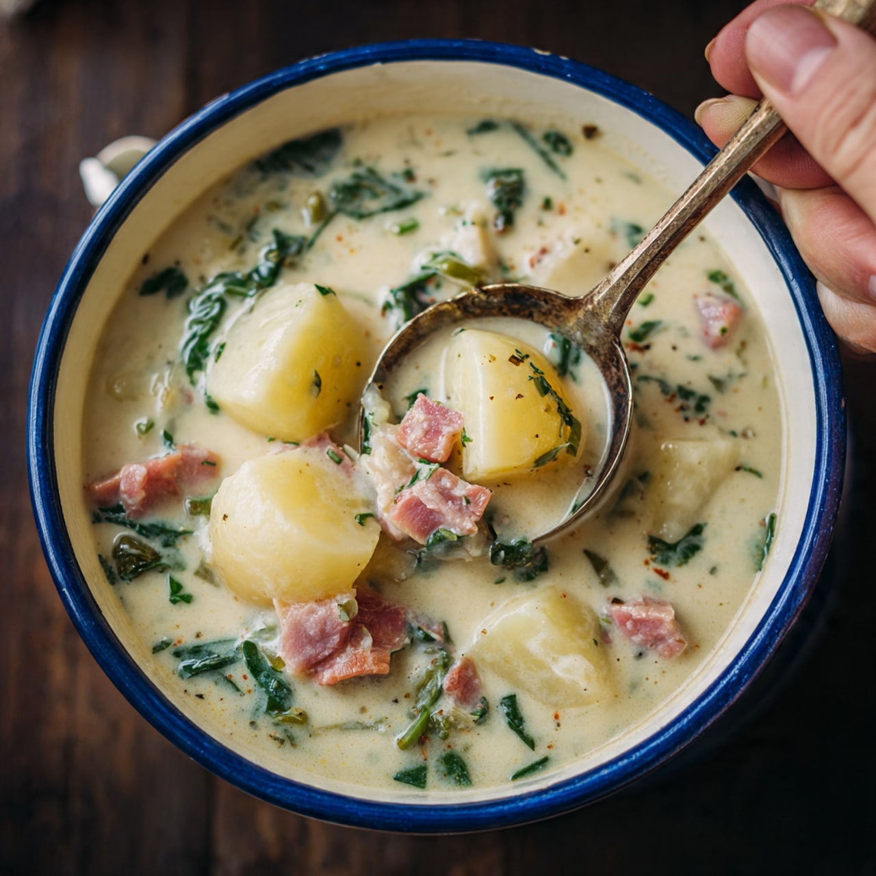 A white bowl with a blue rim is filled nearly to the top with a creamy soup that has a thick, smooth texture. Inside the soup are visible chunky pieces of white potato, small bits of pinkish meat, and small green leaves scattered throughout. A rustic-looking ladle, held by a woman's hand, scoops up a portion of the soup, showing the mix of creamy broth and solid ingredients. The bowl sits on a dark wooden surface, but the overall focus is on the soup’s rich creamy off-white color combined with the soft yellow potatoes, the pink meat, and the green parts in the liquid. photo taken with an iphone --ar 4:5 --v 7