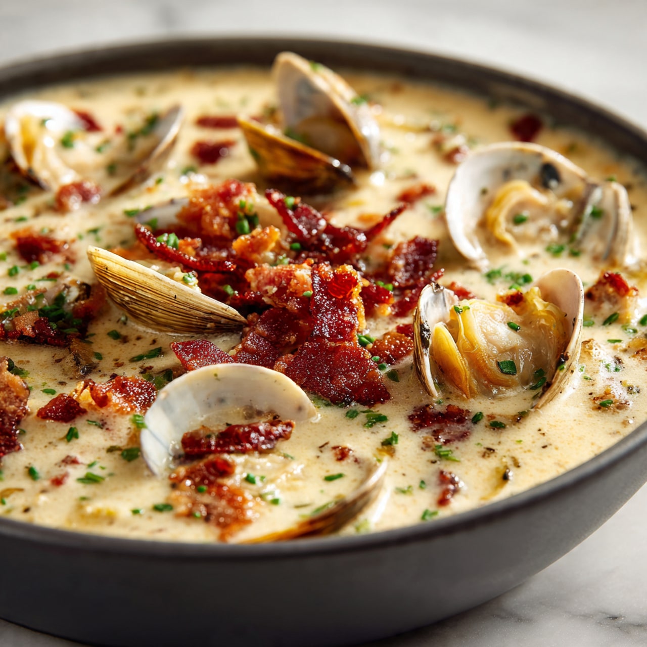 The image shows a close-up of a creamy soup in a dark pan filled with small clams, crispy reddish-brown bacon bits, and small chunks of light-colored meat. The soup is pale tan with a smooth, slightly thick texture and is garnished with small green herbs scattered on top. The clams are light gray with open shells, sitting near the surface. The bacon pieces add a crunchy texture and rich color contrast against the creamy soup. The pan rests on a white marbled surface with soft natural light highlighting the rich details of the ingredients. photo taken with an iphone --ar 4:5 --v 7