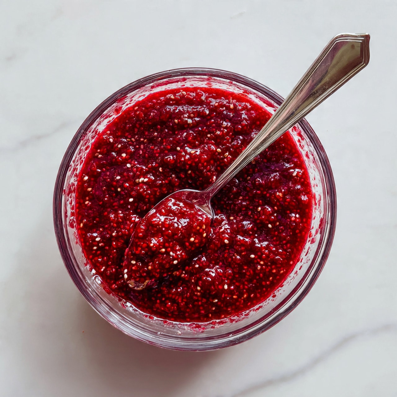 A clear glass bowl filled with a thick red mixture that looks like crushed berries and small chia seeds mixed in, giving a bumpy texture. A silver spoon is placed inside the bowl with its handle resting on the edge. The bowl sits on a white marbled surface, with some red stains on the inside sides of the bowl from the mixture. photo taken with an iphone --ar 4:5 --v 7