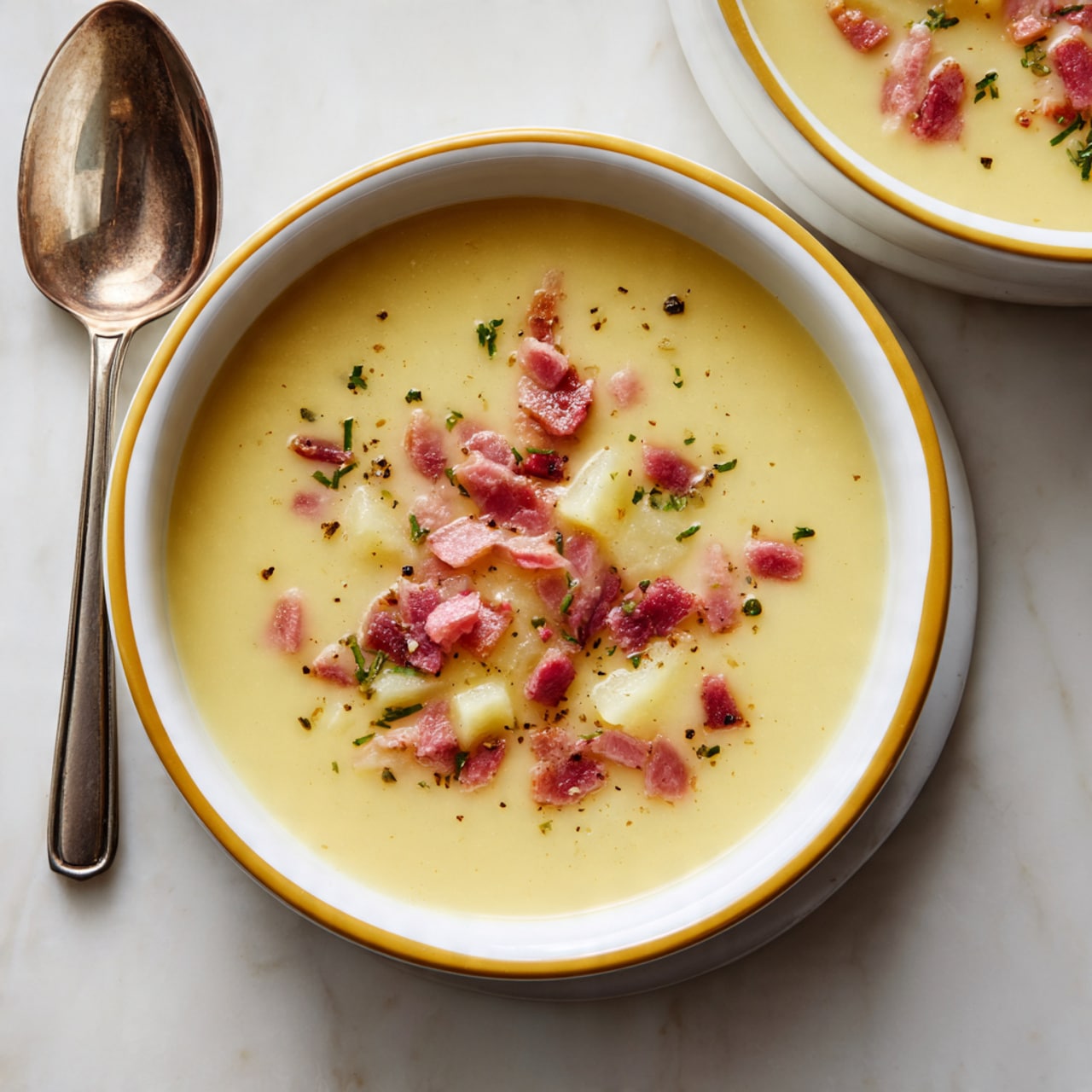A white bowl with a thin yellow rim holds thick creamy soup filled with light yellow potato chunks and small pieces of crispy pinkish bacon scattered on top. There are green bits and black herbs sprinkled all over the light beige soup base. A shiny silver spoon lies next to the bowl on a white marbled surface, with part of another bowl peeking into the top right corner. Photo taken with an iphone --ar 4:5 --v 7