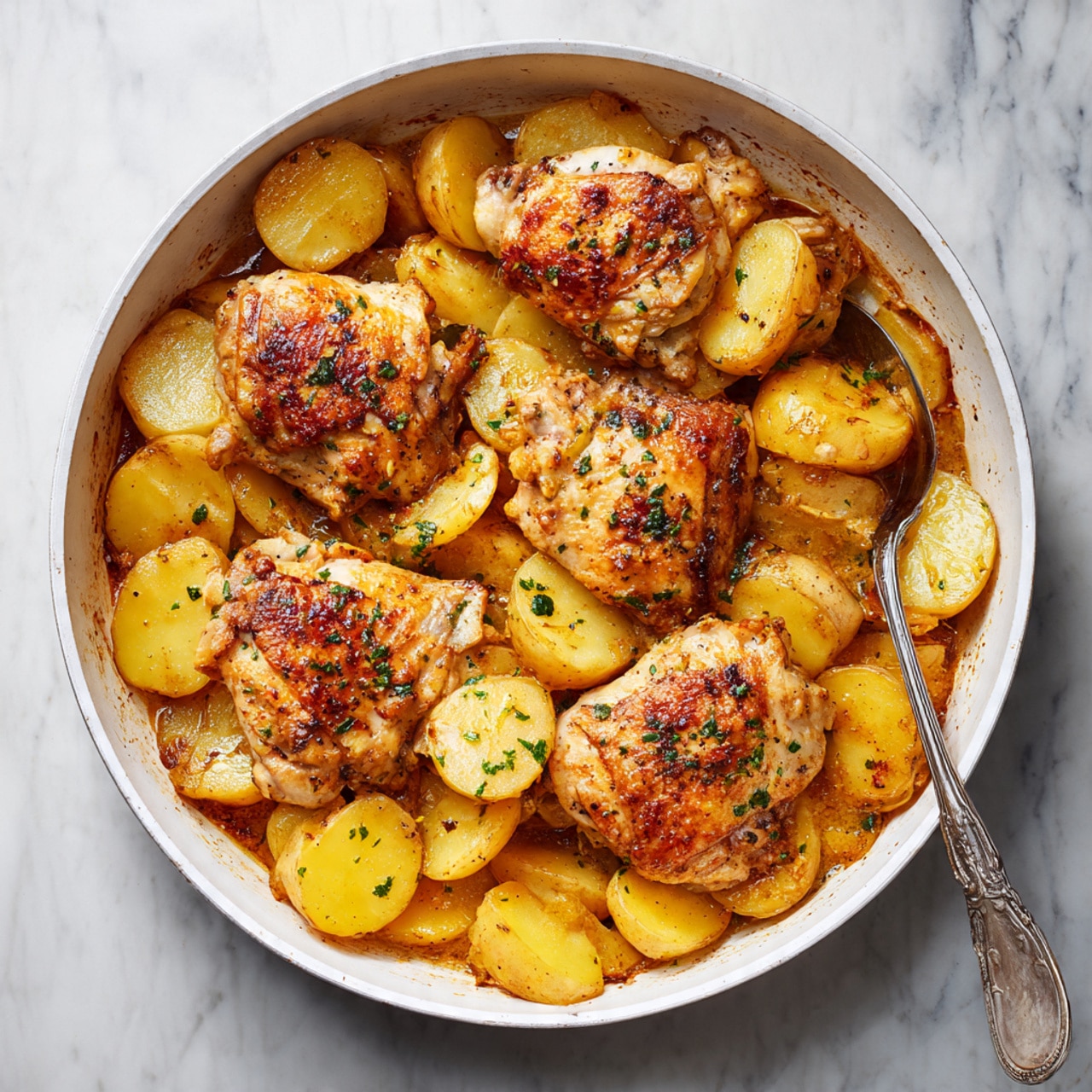 The image shows a pan filled with cooked sliced potatoes at the bottom, which are soft and golden brown, covering the entire base. On top of the potatoes, there are four cooked chicken pieces with a lightly browned, slightly crispy skin, positioned evenly across the pan. The chicken pieces have a warm, light golden color and some sprinkled green herbs on top. A spoon is resting on the side of the white pan, which sits on a white marbled surface. Photo taken with an iphone --ar 4:5 --v 7