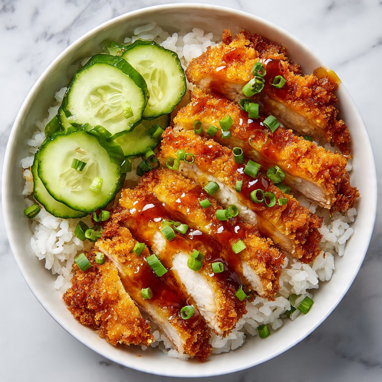 A close-up view of a white bowl shows sliced golden brown crispy chicken pieces placed over a bed of white rice on the left side. The chicken has a crunchy texture with a glossy sauce drizzled on top and is sprinkled with chopped green onions. On the upper left side of the bowl, fresh cucumber slices add a light green color. The bowl is set on a white marbled surface, highlighting the vibrant colors of the food. photo taken with an iphone --ar 4:5 --v 7